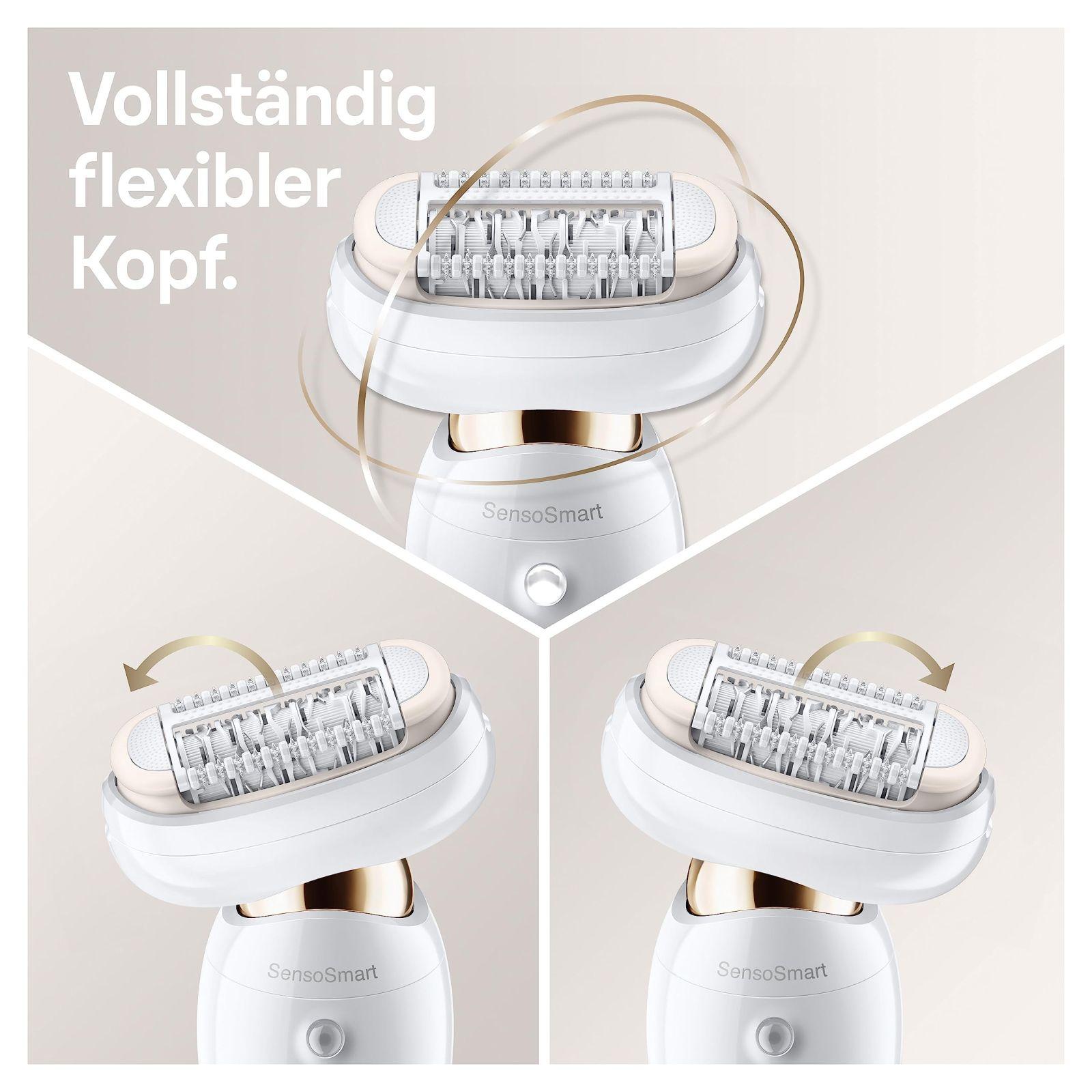 Braun Silk-épil 9 Flex Epilaator Naiste / Karvaeemaldaja, 5 otsikut, kott, paindliku peaga lihtsamaks karvaeemalduseks, 9-006, valge/kuldne – pakend ja tarvikud