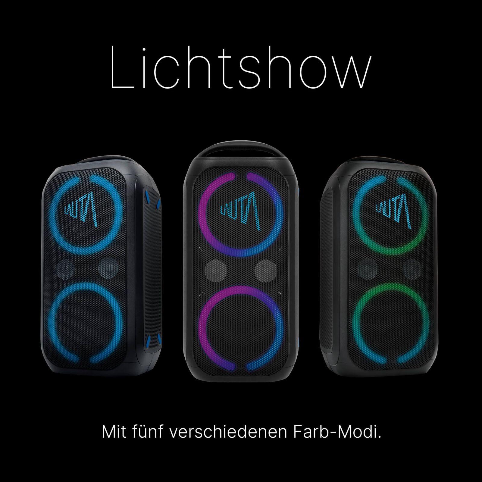 TechniSat LAUTA WUMMSBOX – Kaasaskantav Premium Bluetooth Kõlar LED-valgusefektidega (Bass Boost, True Wireless Stereo, 12-tunnine aku, IPX4 pritsmekindlus, 80W RMS võimsus) – kasutusnäide
