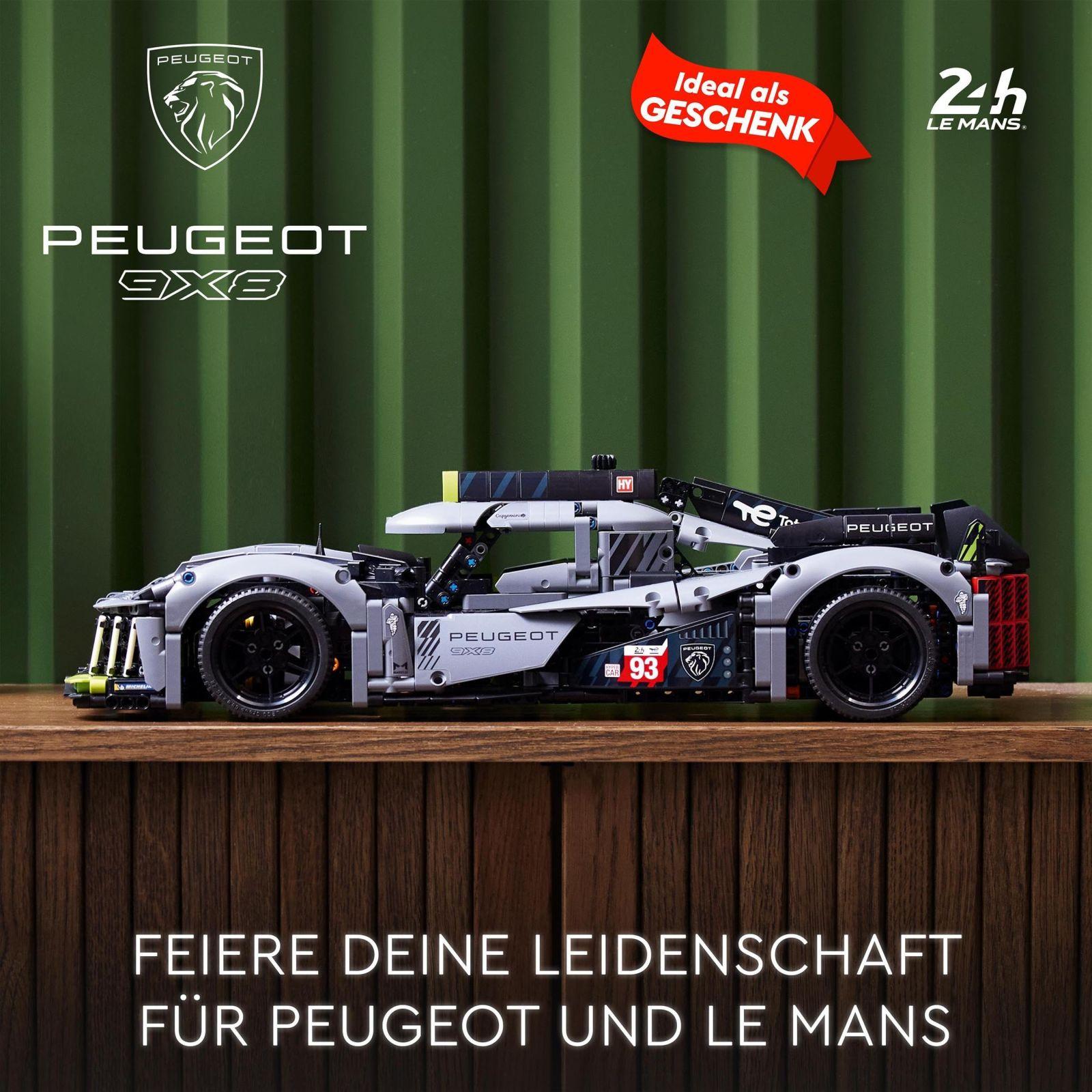 LEGO 42156 Technic Peugeot 9X8 24H Le Mans hübriid-hüperauto, legendaarne võidusõiduauto, mudelauto ehituskomplekt täiskasvanutele, mõõtkava 1:10, motospordi autokollektsioon kogenud ehitajatele – pakend ja tarvikud