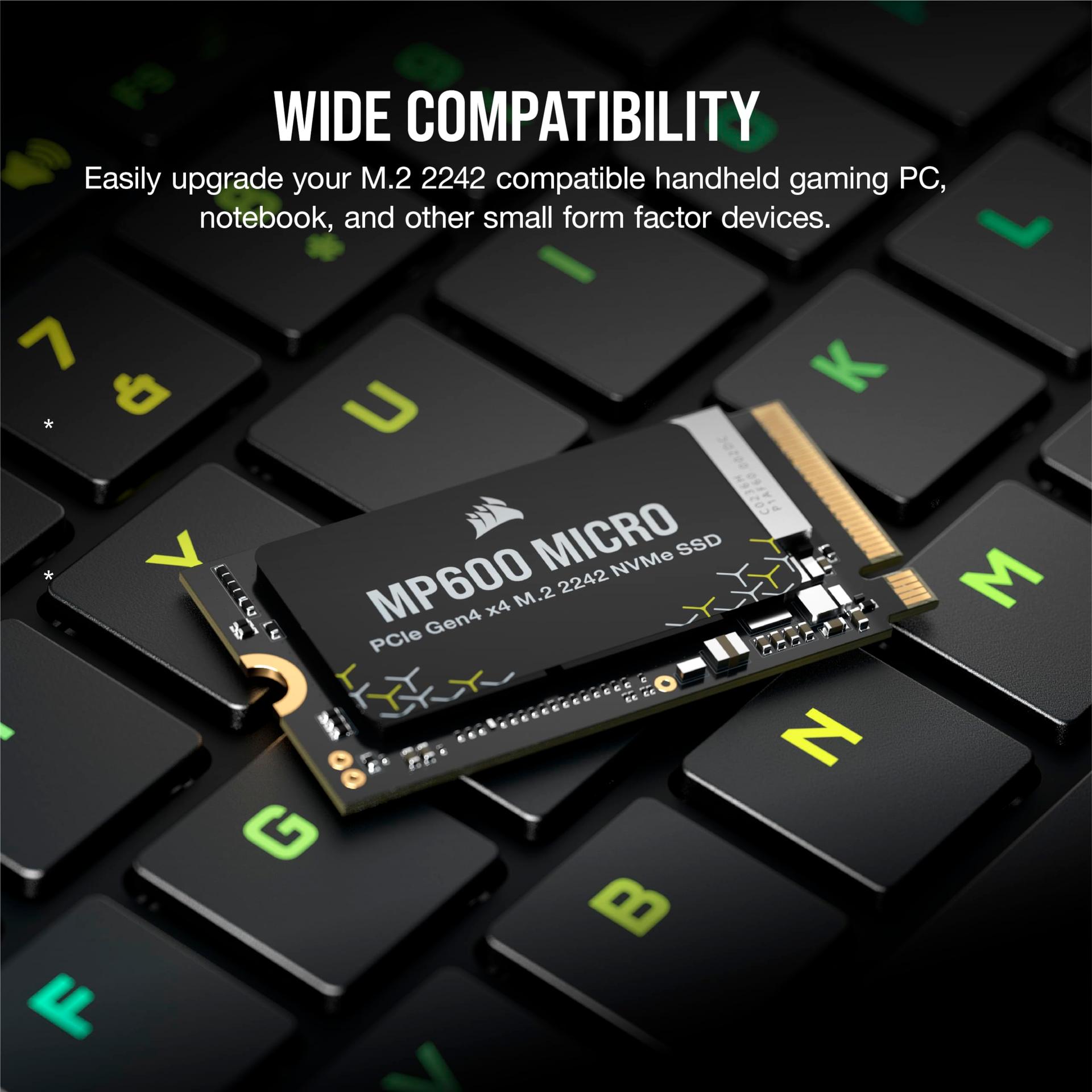 Corsair MP600 Micro 2TB M.2 NVMe PCIe x4 Gen4 SSD – M.2 2242 – Kuni 7.000MB/s järjestikune lugemine – Suure tihedusega 3D TLC NAND – Ühildub Lenovo Legion Go ja õhukeste sülearvutitega – Must – kasutusnäide