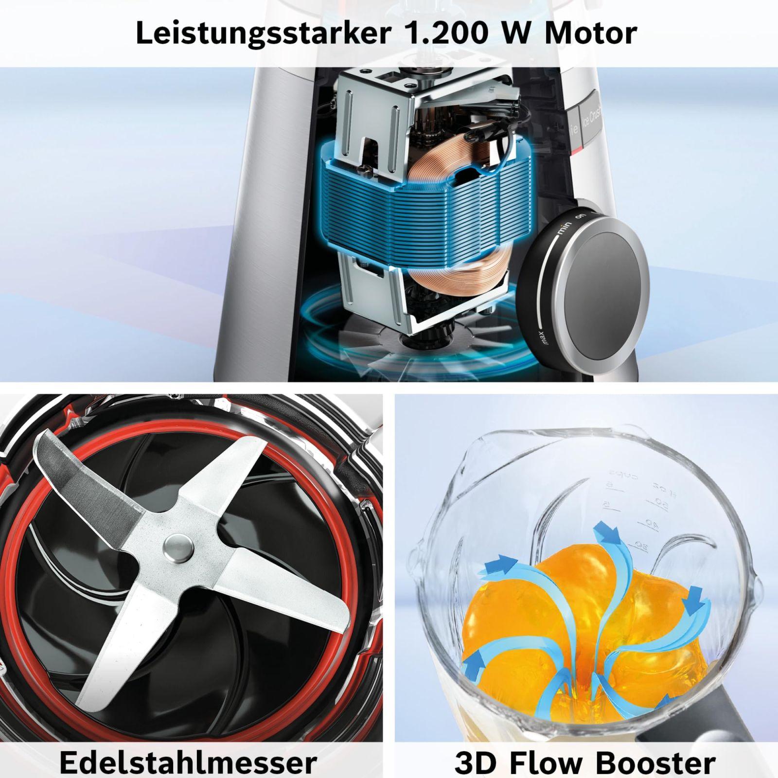 Bosch VitaPower Serie 4 blender MMB6174SN, uuendatud versioon, kvaliteetsed roostevabast terasest terad, 1,5L klaaskann, 0,6L To-Go pudel, nõudepesumasinas pestavad osad, 30 000 p/min, 1200 W, hõbedane – lisavaade