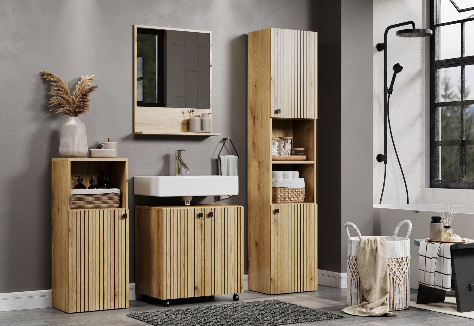 trendteam smart living – Valamualune kapp ratastel – Vannituba – PureBliss – Mõõdud (LxKxS) 60 x 64 x 42 cm – Värvus Evoke tamm mustade soontega – 233730342 – lisavaade