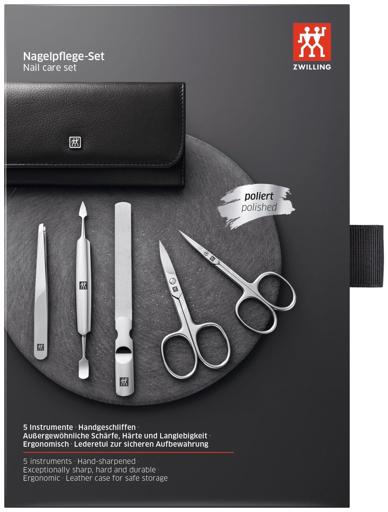 ZWILLING Maniküürikomplekt (5-osaline, küünte ja pediküüri hooldus ehtsast nahast vutlariga, sisaldab küünekääre ja küünenahakääre), roostevaba teras, poleeritud, must – pilt 6