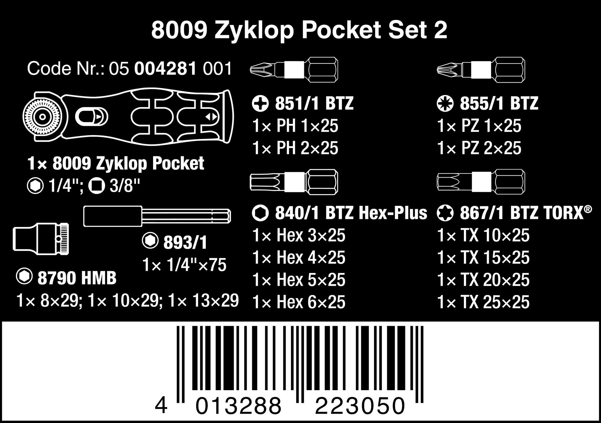 Wera 05004281001 8009 Zyklop Pocket Set 2, narrede komplekt, 17-osaline, must-roheline – detailne vaade