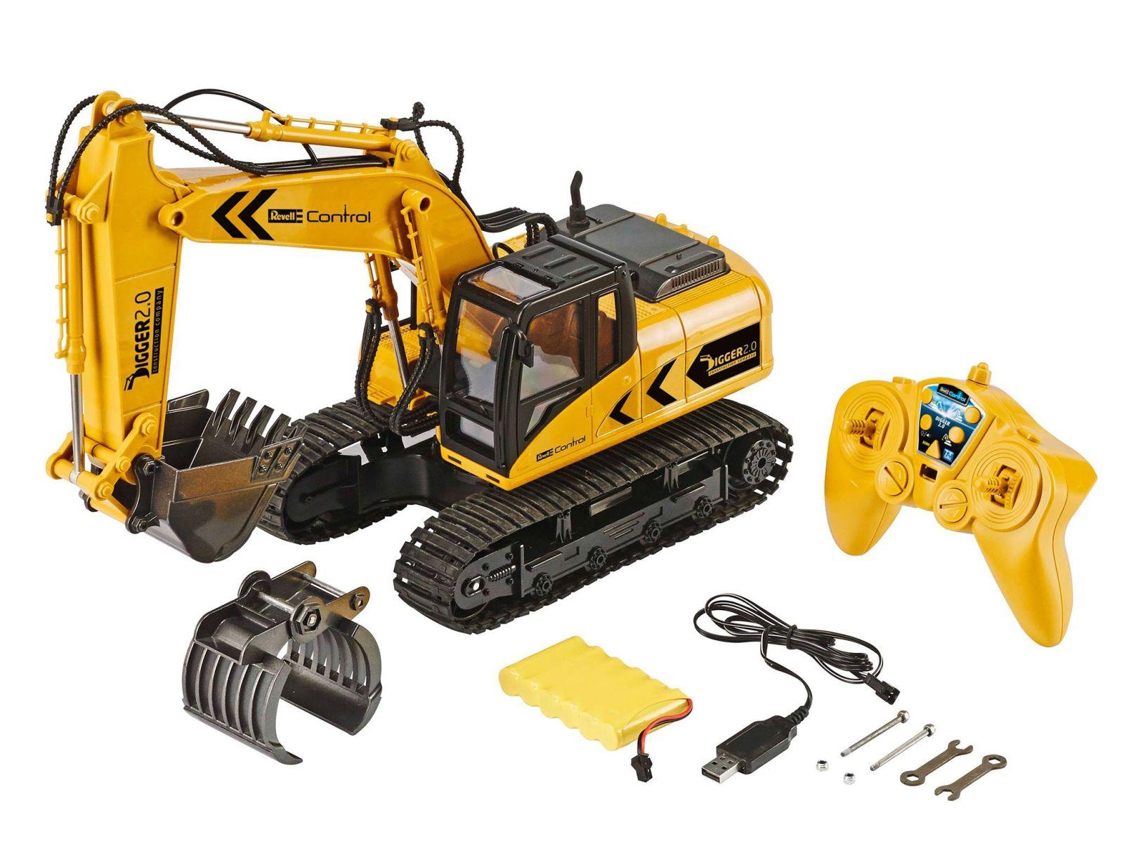 Revell Control 24924 RC Roomikekskavaator Digger 2.0, vahetatav kopp ja puuhaarde, välitingimustesse sobiv, akutoitel kaugjuhitav ekskavaator, 2.4 GHz, kollane