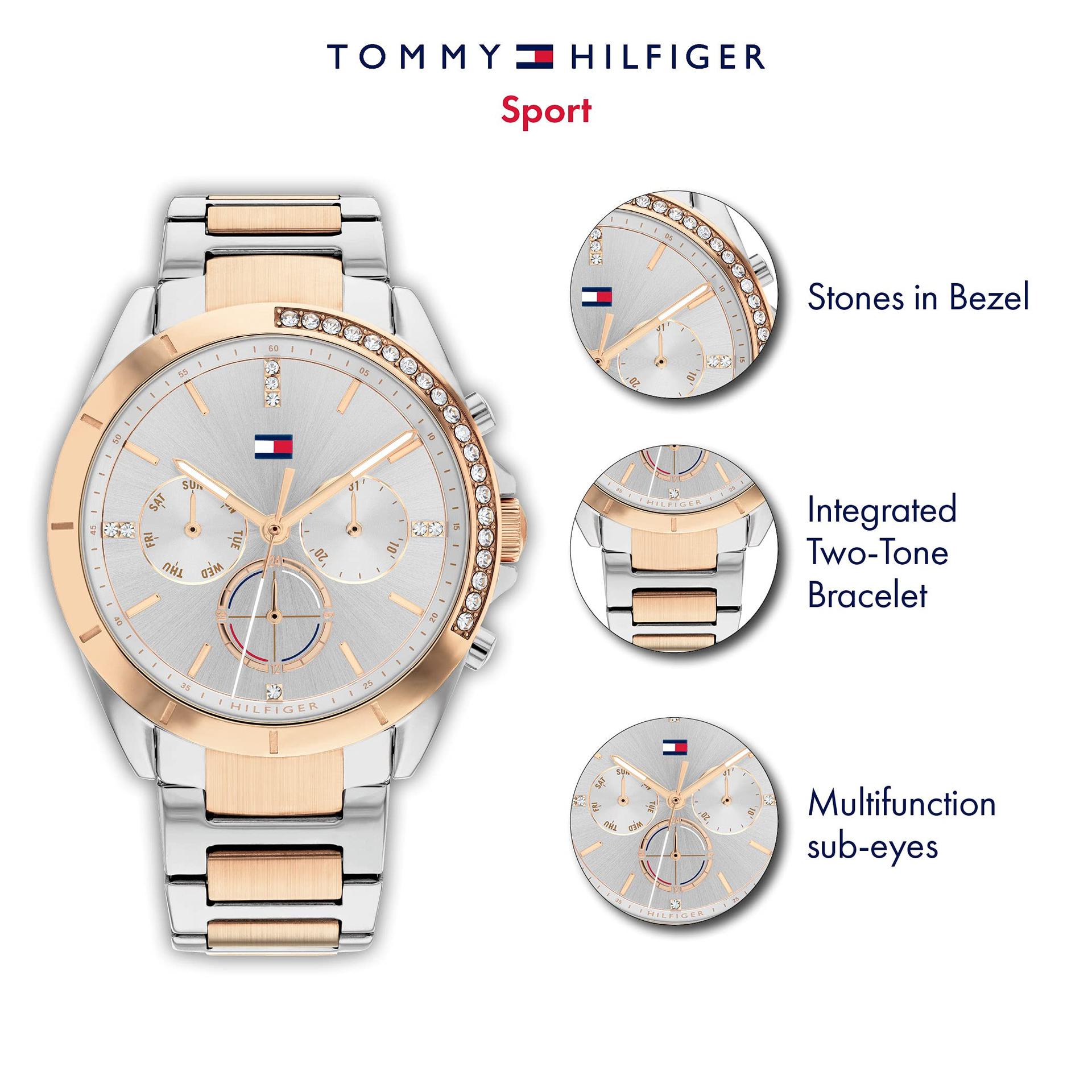 Tommy Hilfiger mitme numbrilauaga kvartsnaistekäekell roostevabast terasest rihmaga – saadaval kulla või hõbedana – pakend ja tarvikud