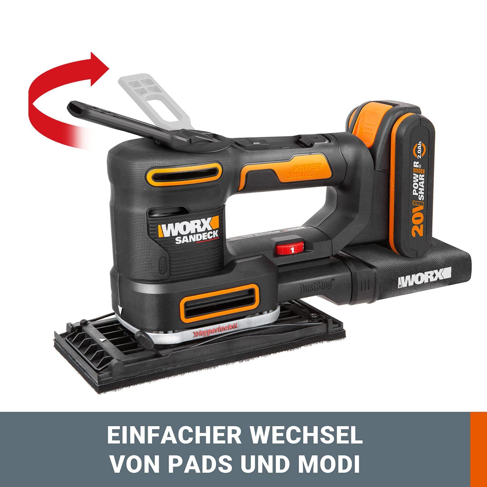 WORX WX820.9 Aku-Multilihvija – 5-ühes funktsioonid: ekstsentriklihvija, peenlihvija, detaililihvija, kontuurilihvija ja sõrmlihvija – muudetav kiirus – PowerShare ühilduv – Ilma aku ja laadijata, Must – pakend ja tarvikud