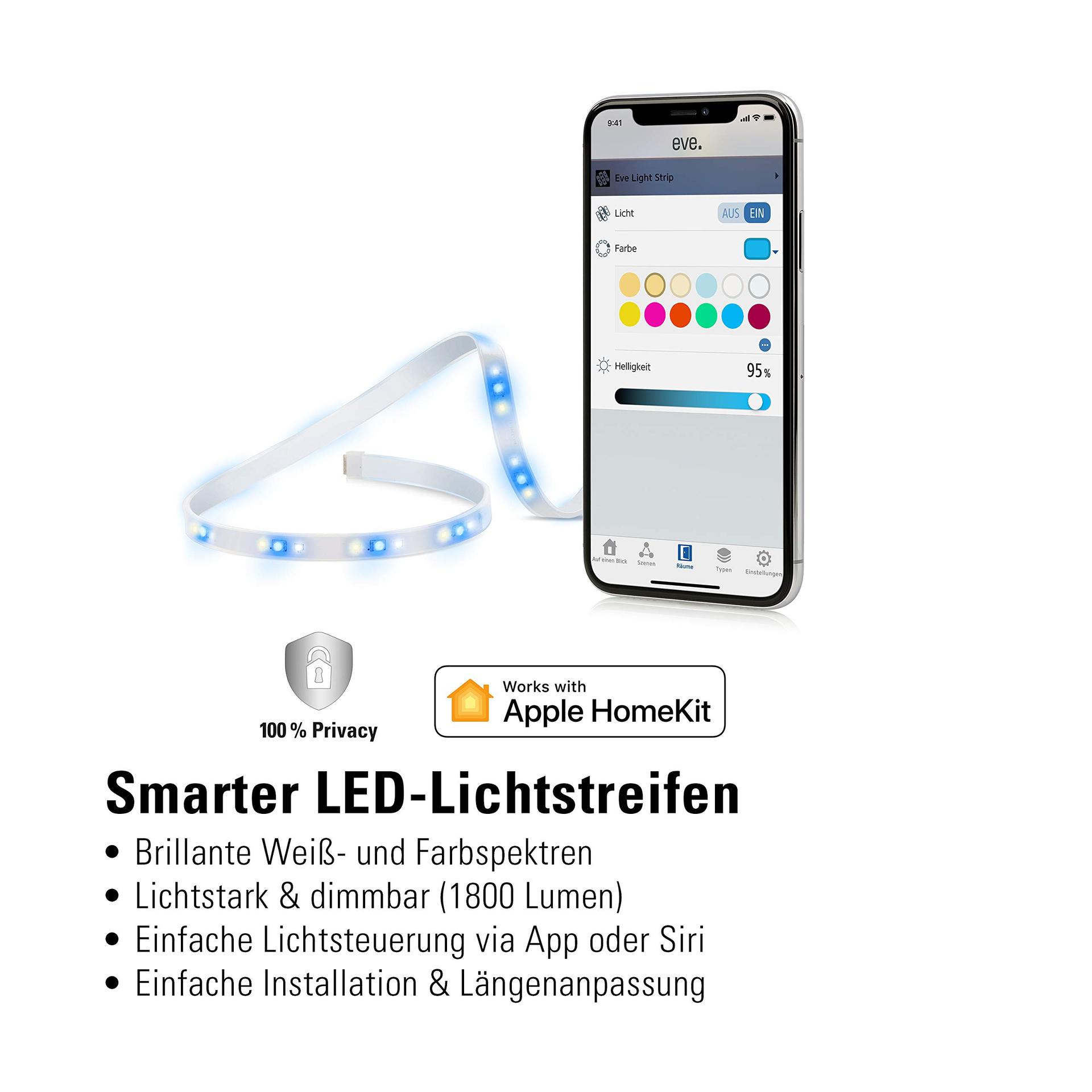 Eve Light Strip (Apple Home) – Nutikas LED-valgustusriba, 2 m, valge, RGB-värvid, 1800 lm, hämardatav, isekleepuv, ei vaja silda, WiFi, rakenduse juhtimine – detailne vaade