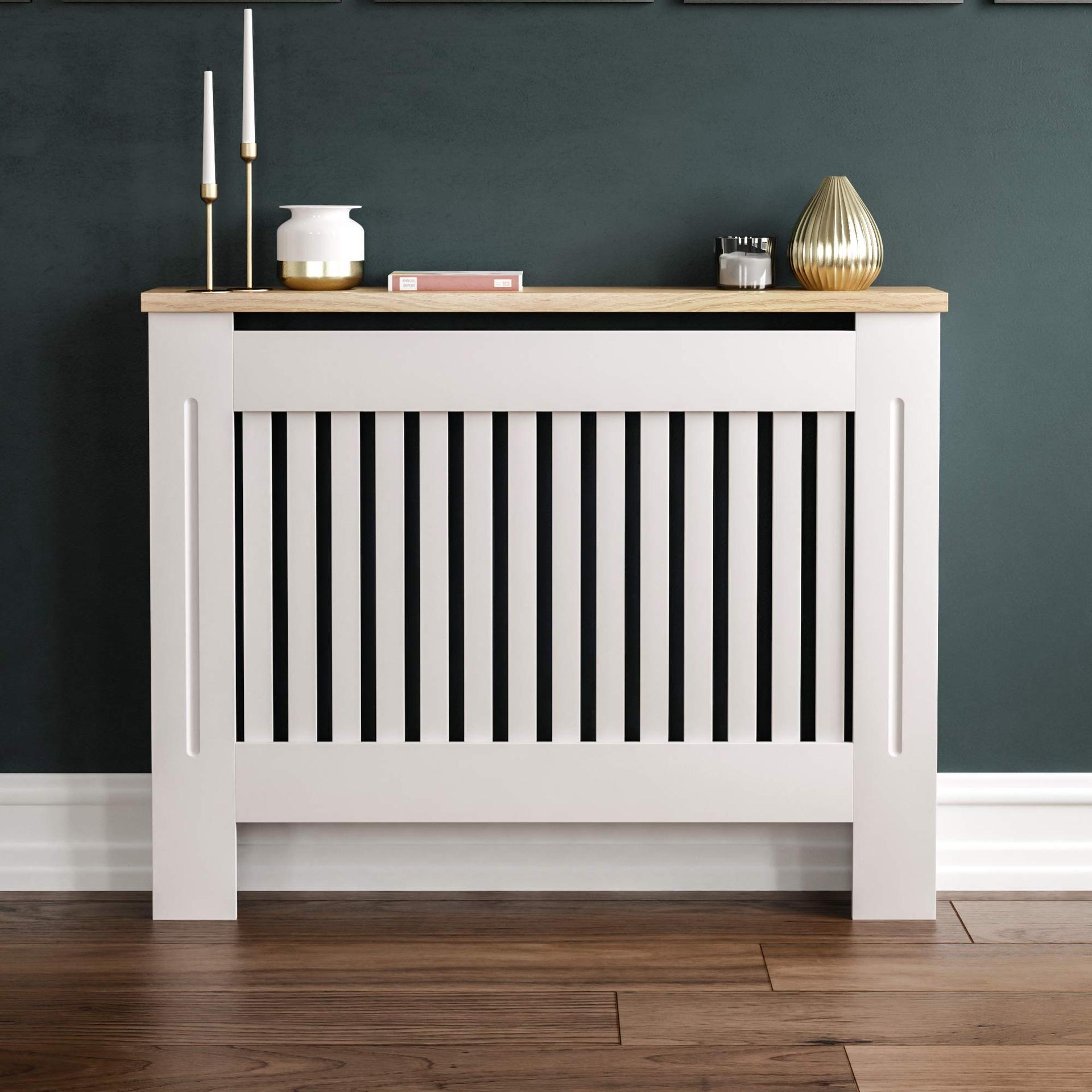 Vida Designs Arlington Radiaatorikate, valge, kaasaegne MDF-kapp, liistud, grill, puidust riiul, keskmine (K: 83,3 / L: 111 / S: 19 cm) – pilt 7