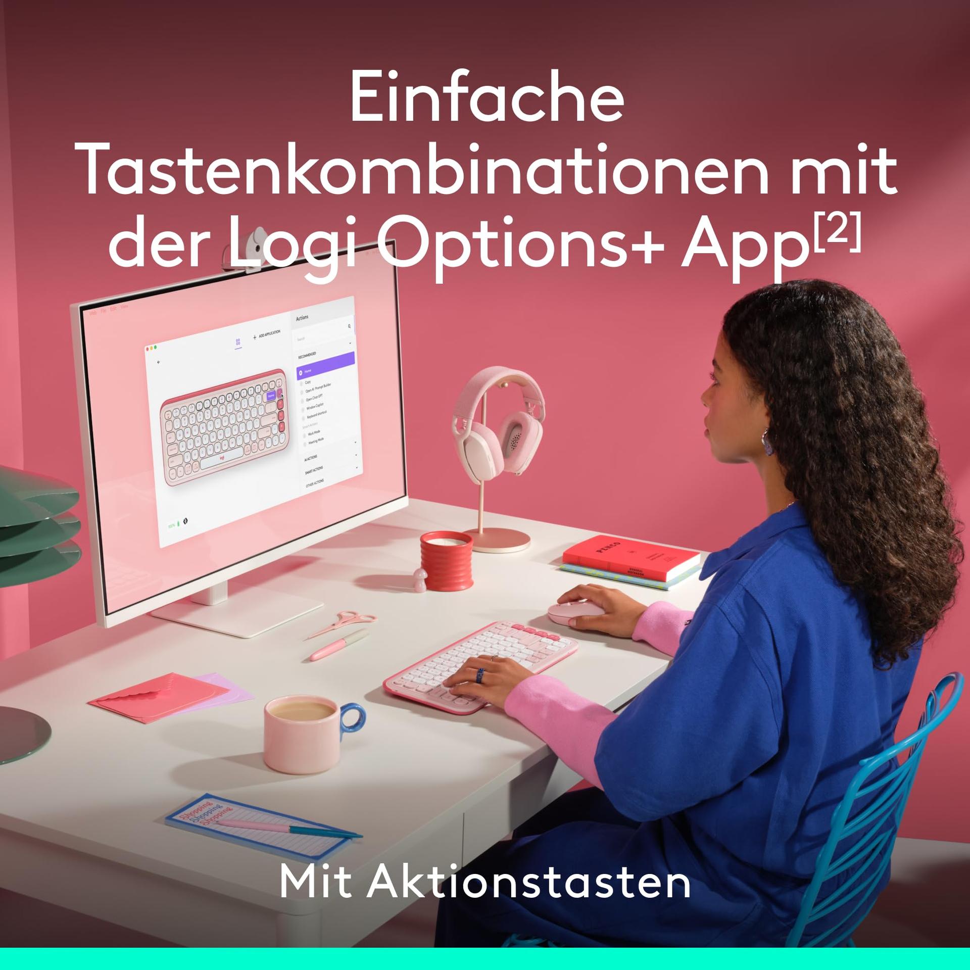 Logitech POP ICON KOMBO, Bluetooth-klaviatuuri ja hiire komplekt, mugav trükkimine, programmeeritavad klahvid, vaiksed klõpsud, Easy-Switch kuni 3 seadmele, Saksa QWERTZ-paigutus – Roosa – kasutusnäide
