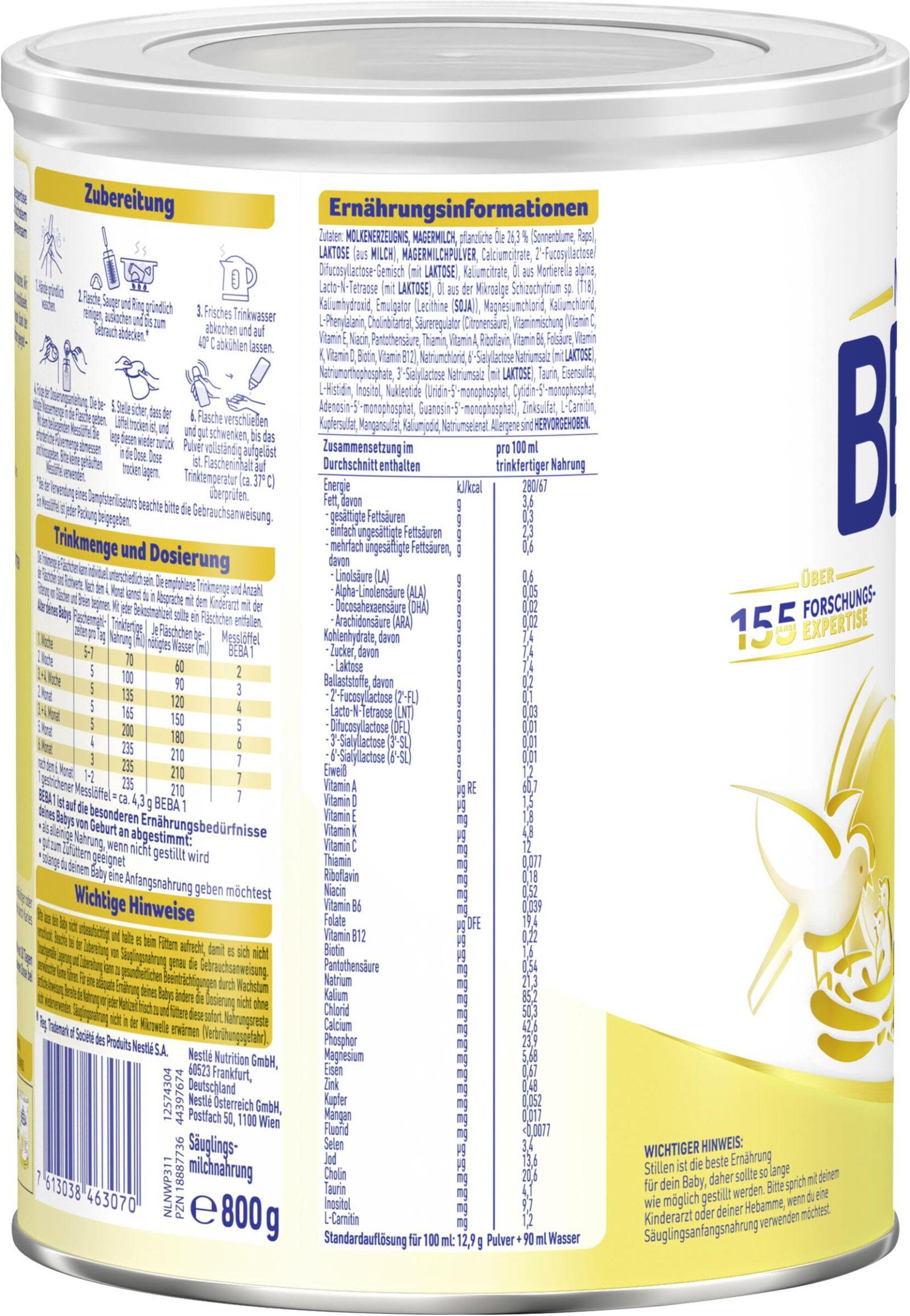 BEBA 1 Algpiim vastsündinutele, beebitoit, ainult laktoos, ilma palmiõlita, 3-pakk (3 x 800g) – lisavaade