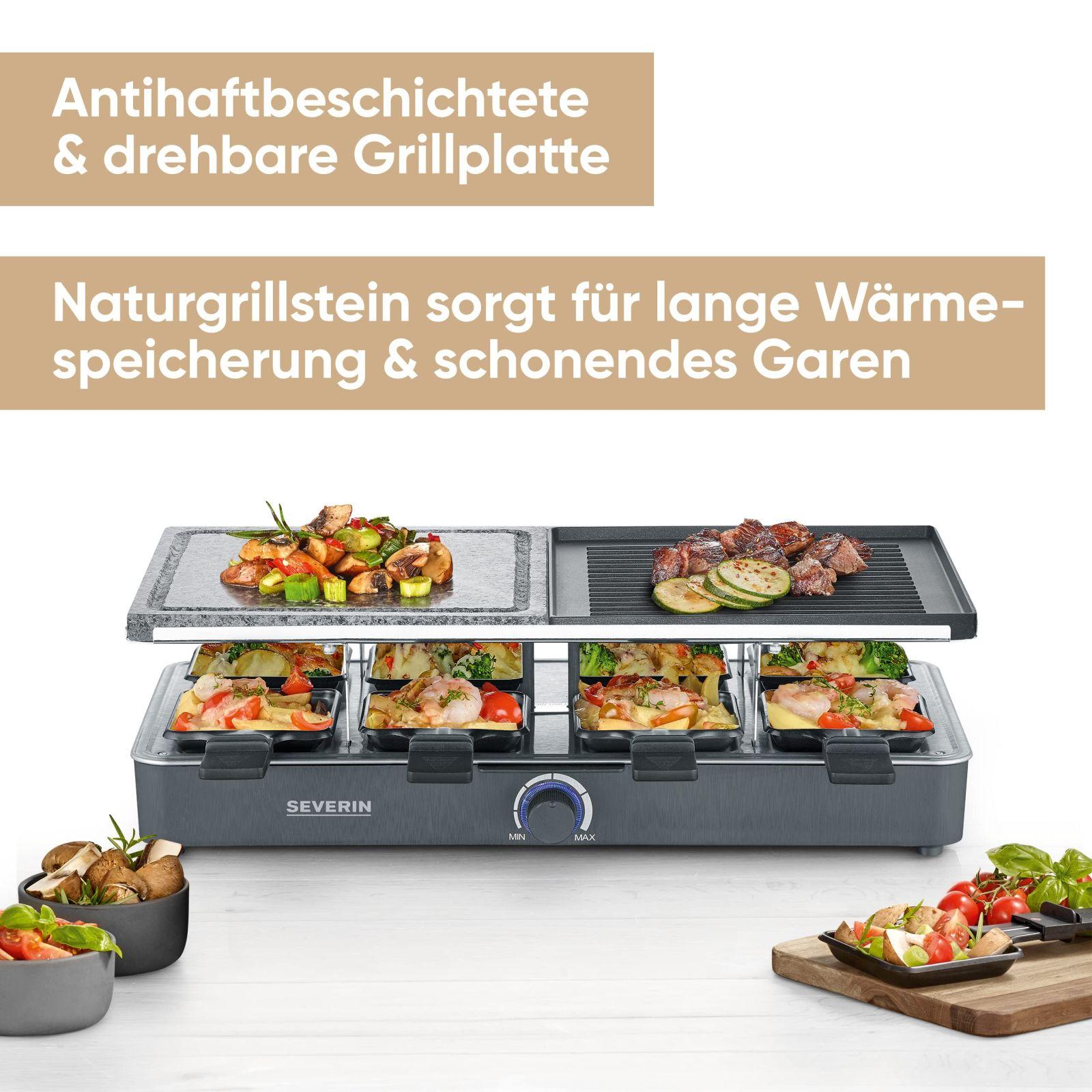 SEVERIN Raclette-Grill loodusliku grillikivi ja grillplaadiga, raclette mittenakkuva grillplaadiga ja 8 panniga, lauagrill 8 inimesele, max. 1300 W, must, RG 2371 – detailne vaade