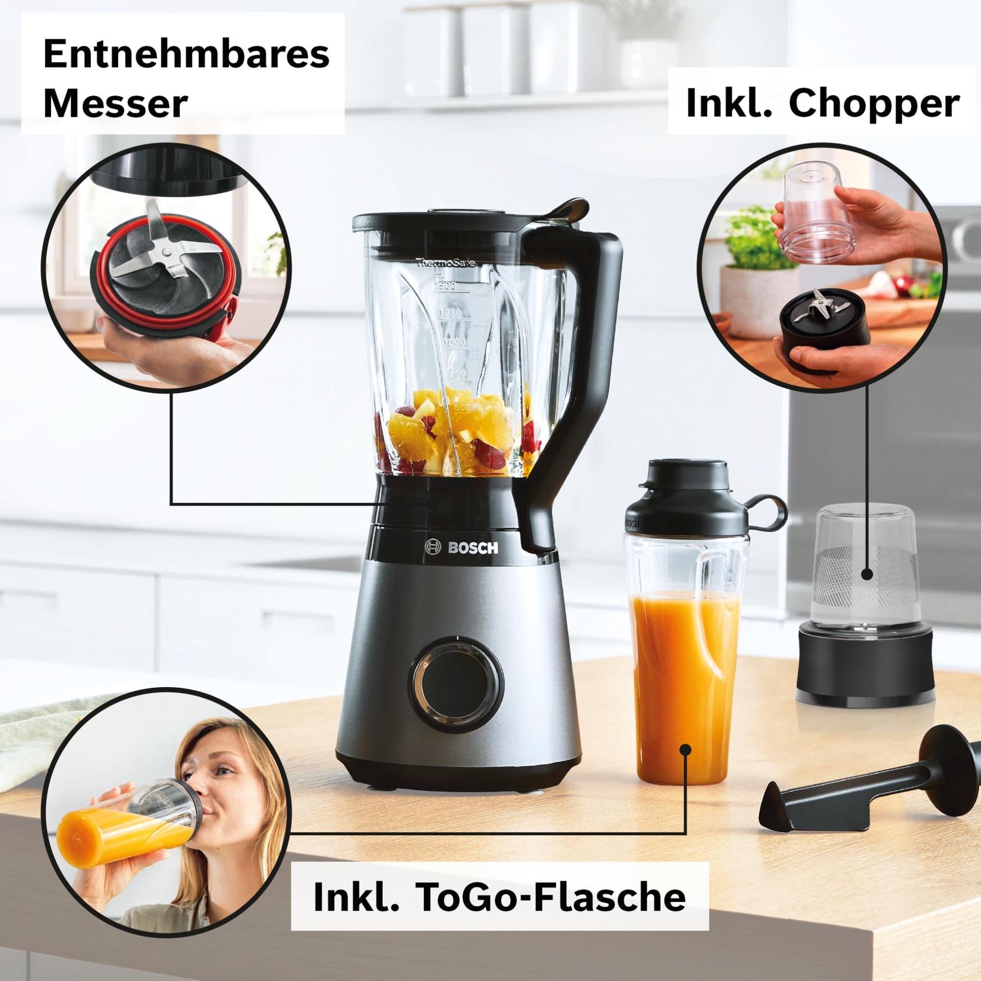 Bosch VitaPower Series 4 MMB6177S blender, roostevabast terasest terad, 1,5L ThermoSafe klaaskann, 0,6L kaasaskantav pudel, stopper, universaalne hakkija, 30 000 p/min, 1200W, hõbedane – kasutusnäide