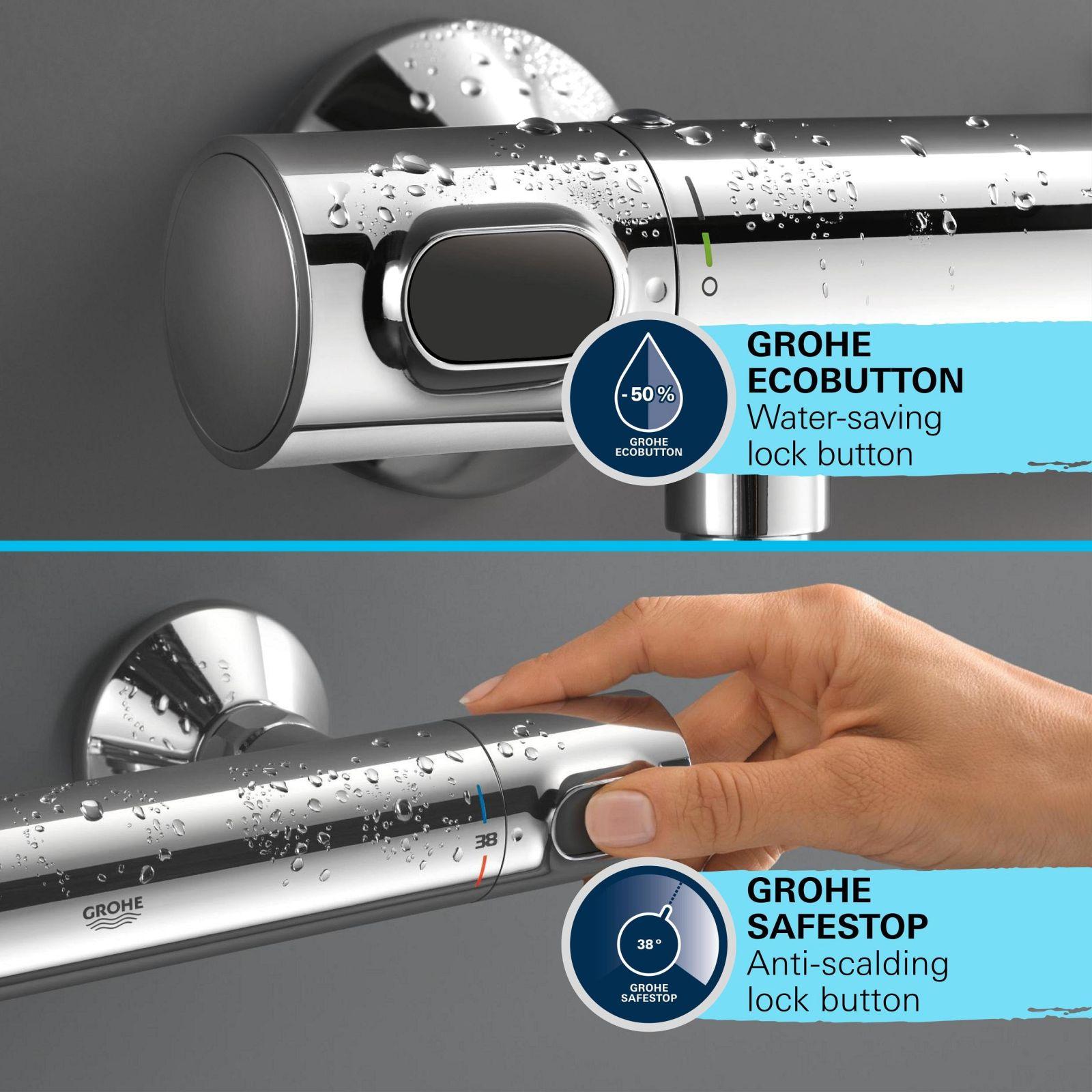GROHE Precision Flow – Termostaat-dušikomplekt veesäästlik – 9 l/min (1 pihustusrežiim, turvalukk 38°C juures, 90 cm dušilatt, sisaldab paigaldustööriistu), ümmargune, kroom, 34805001 – pakend ja tarvikud