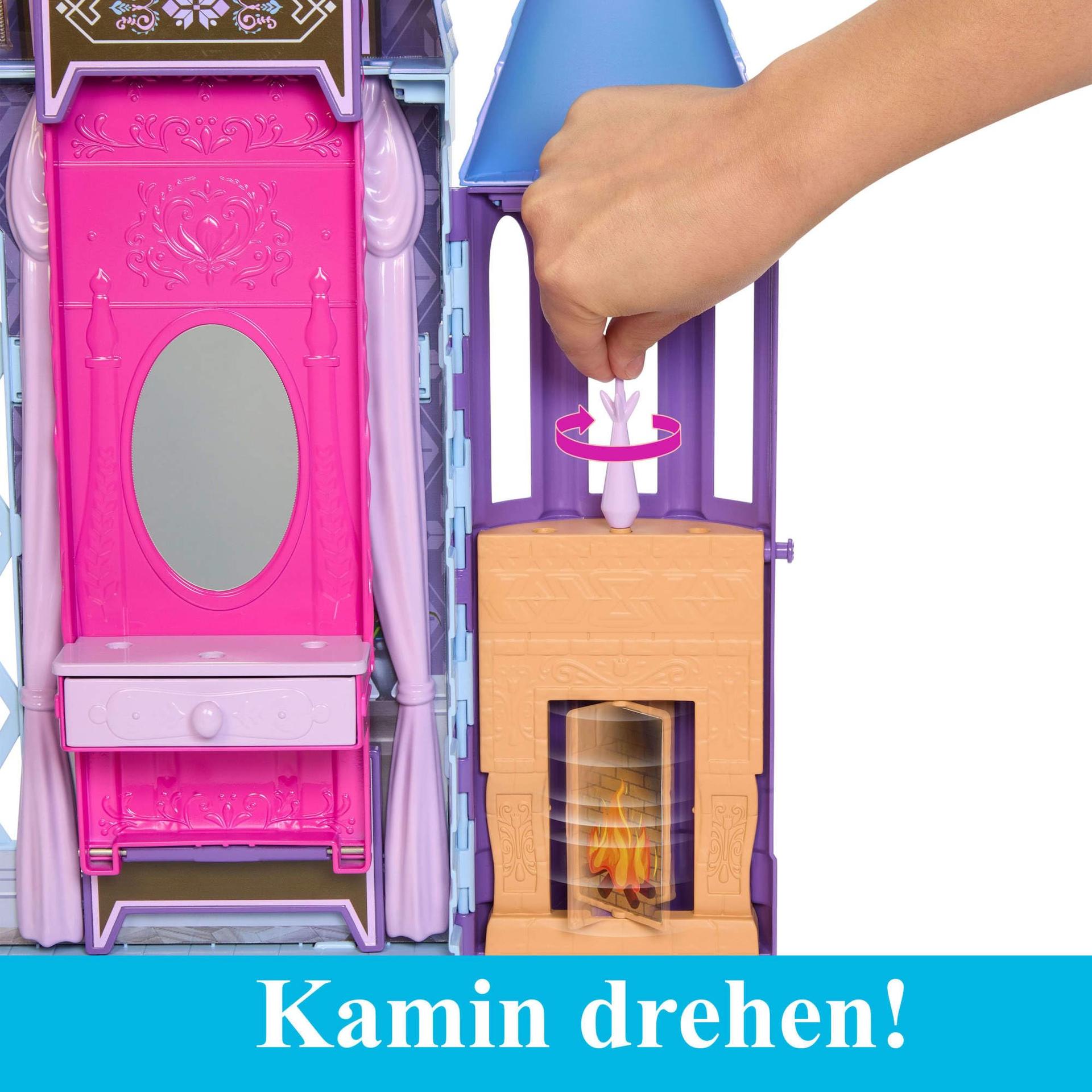 Mattel Disney Lumekuninganna – Arendelle’i lossi nukumaja (60 cm+) koos Elsa-nuku, 4 mängualaga ja 15 mööbli- ja tarvikuelemendiga Disney Lumekuninganna II filmist, HLW61 – pakend ja tarvikud