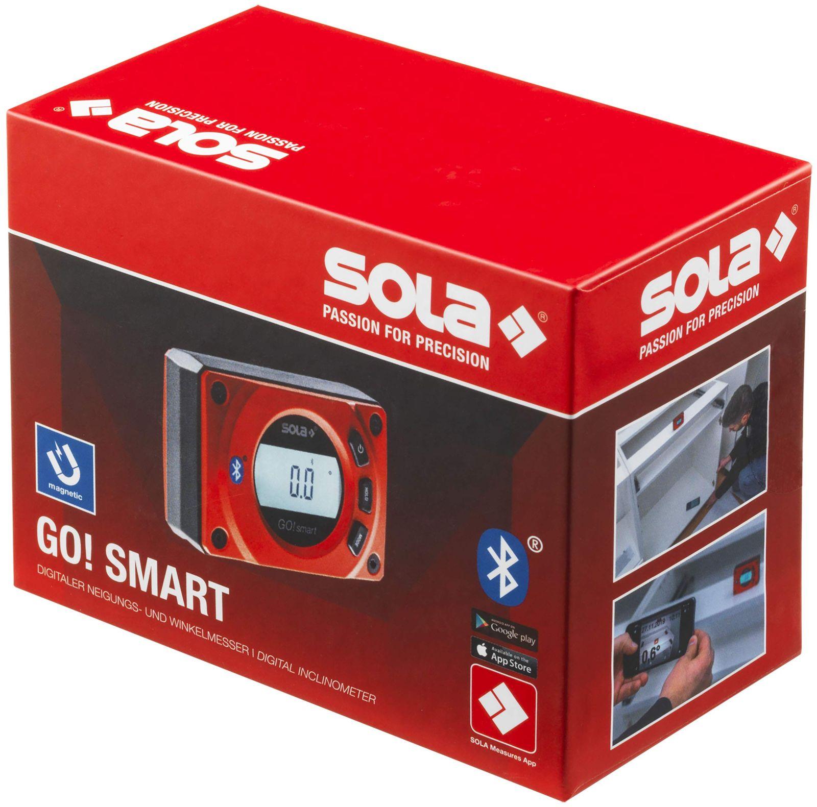 SOLA – GO! smart – digitaalne nurgamõõtja Bluetoothiga – digitaalne lood koos LCD-ekraaniga – kaugjuhtimine nutitelefoni ja rakenduse kaudu – magnetiline kalde- ja astmemõõtja V-soonega – bevel box magnetiline – IP54 – kasutusnäide