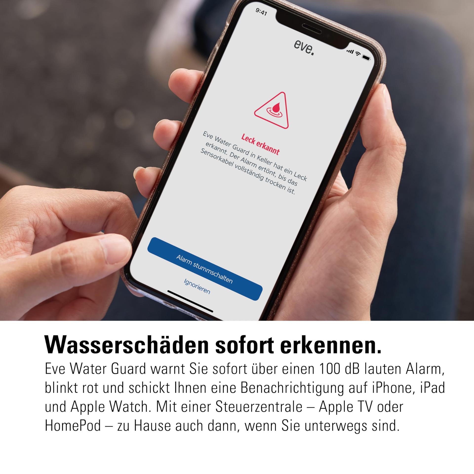 Eve Water Guard (Apple Home) – Nutikas veelekkeandur, 2 m andurikaabel (pikendatav), 100 dB, veehäire iPhone’ile, iPadile, Apple Watchile, Bluetooth, Thread – lisavaade
