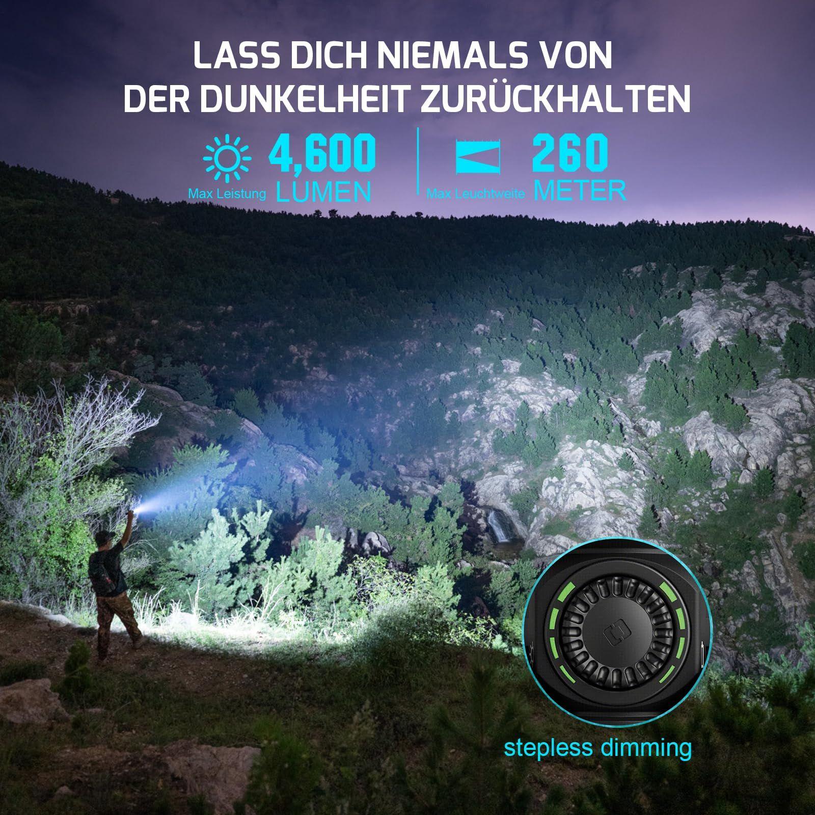 OLIGHT Seeker 4 Pro LED taskulamp koos vutlariga, 4600 luumenit, 260 meetrit, USB-C laetav lamp, 15 päeva aku kasutusaeg, kaasaskantav käsituli igapäevaseks kasutuseks ja õues (must, külm valge) – pakend ja tarvikud