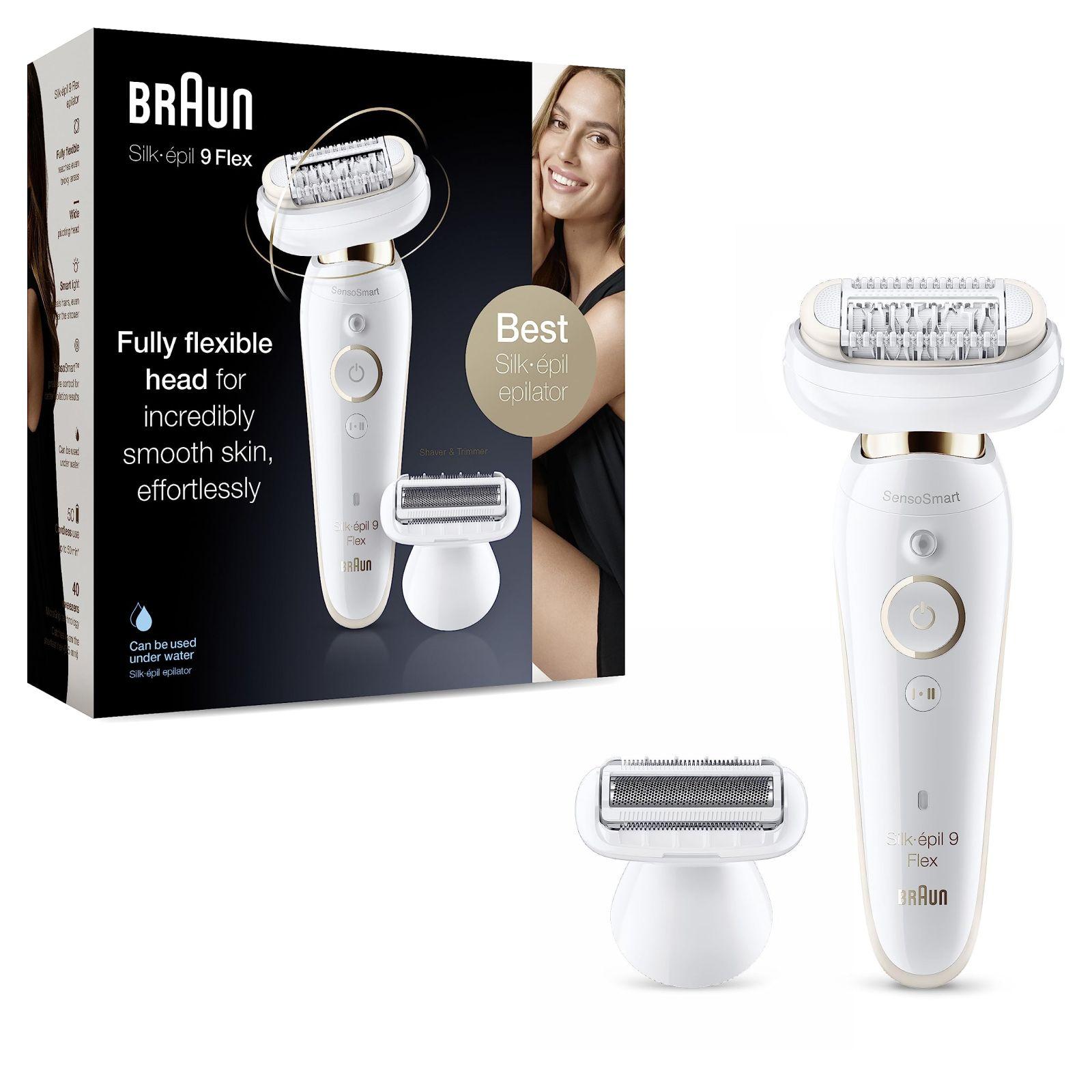 Braun Silk-épil 9 Flex Epilaator Naiste / Karvaeemaldaja, 5 otsikut, kott, paindliku peaga lihtsamaks karvaeemalduseks, 9-006, valge/kuldne