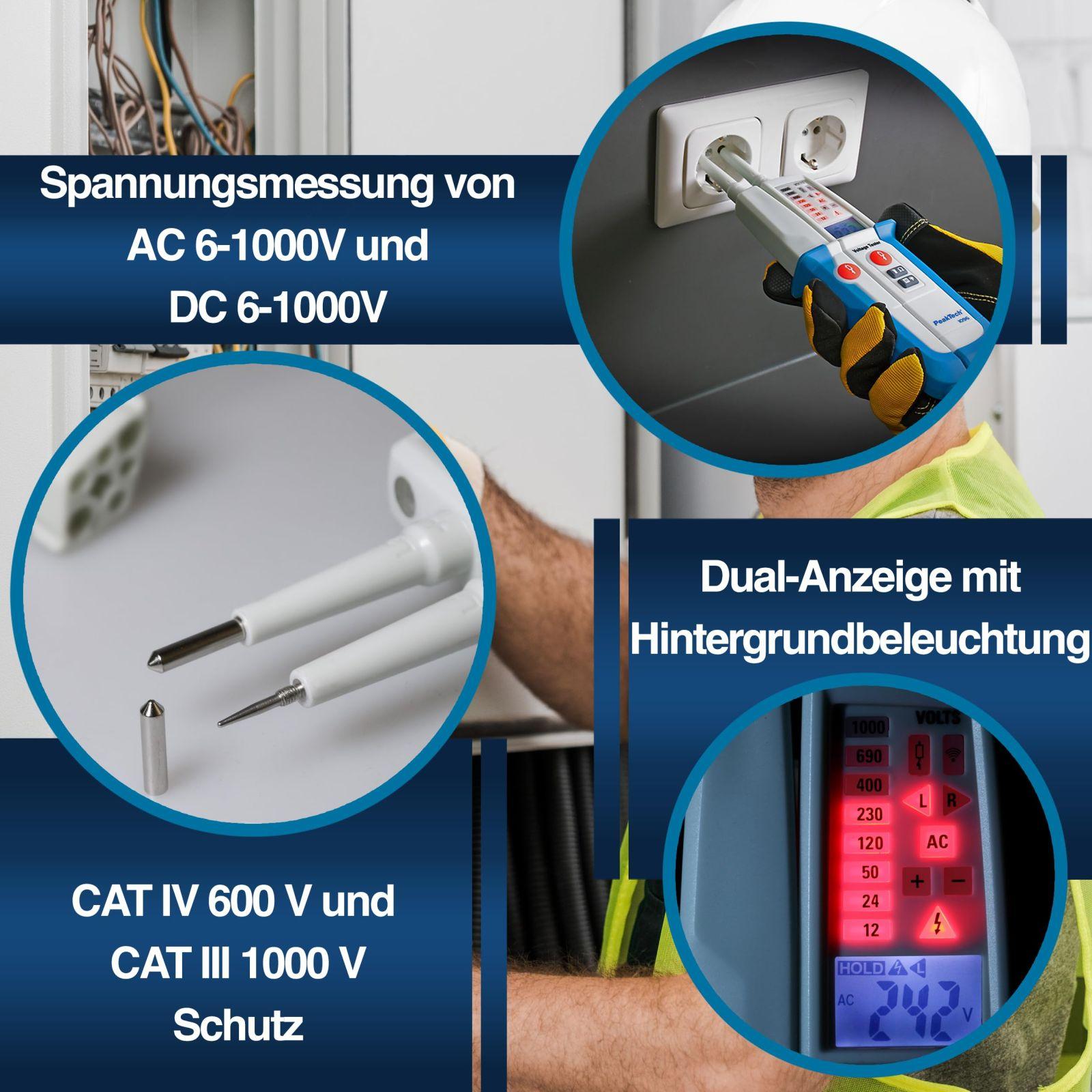 PeakTech 1096 – 2-poolne AC/DC pingetestija koos kahe ekraaniga & FI-testiga, tolmu- ja veekindel (IP64), LCD-ekraan + taskulamp, järjepidevuse test, polaarsuse näit, pingemõõtja 6V – 1000V – lisavaade