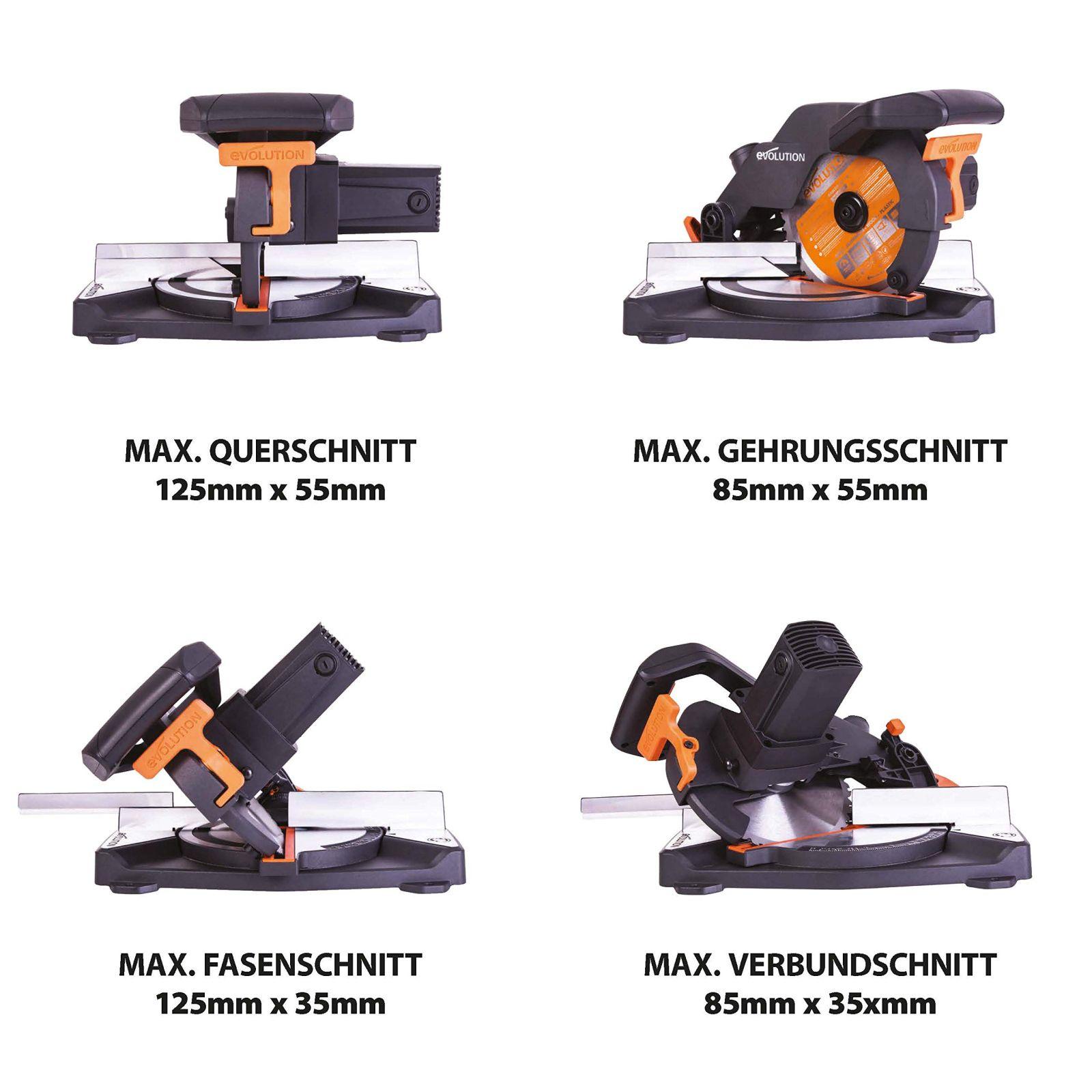 Evolution nurksaag R210CMS | 1200 W nurksaag | Komplektis Ø 210 mm HM-saeketas | Lõikab puitu, alumiiniumi, terast, plastikut | 0°- 45° kalde- ja 45°-45° nurklõiked | Kappsäge – kasutusnäide