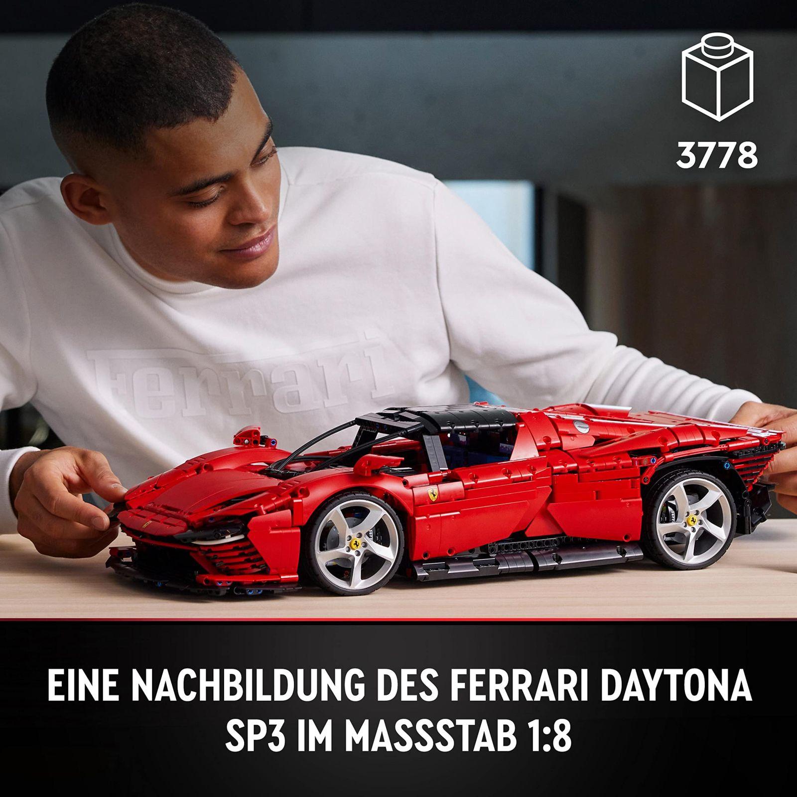 LEGO Technic Ferrari Daytona SP3 mudelauto komplekt, skaala 1:8, punane superauto, edasijõudnud autode mudel, kollektsionääride haruldus, Ultimate Car Concept 42143 – pakend ja tarvikud