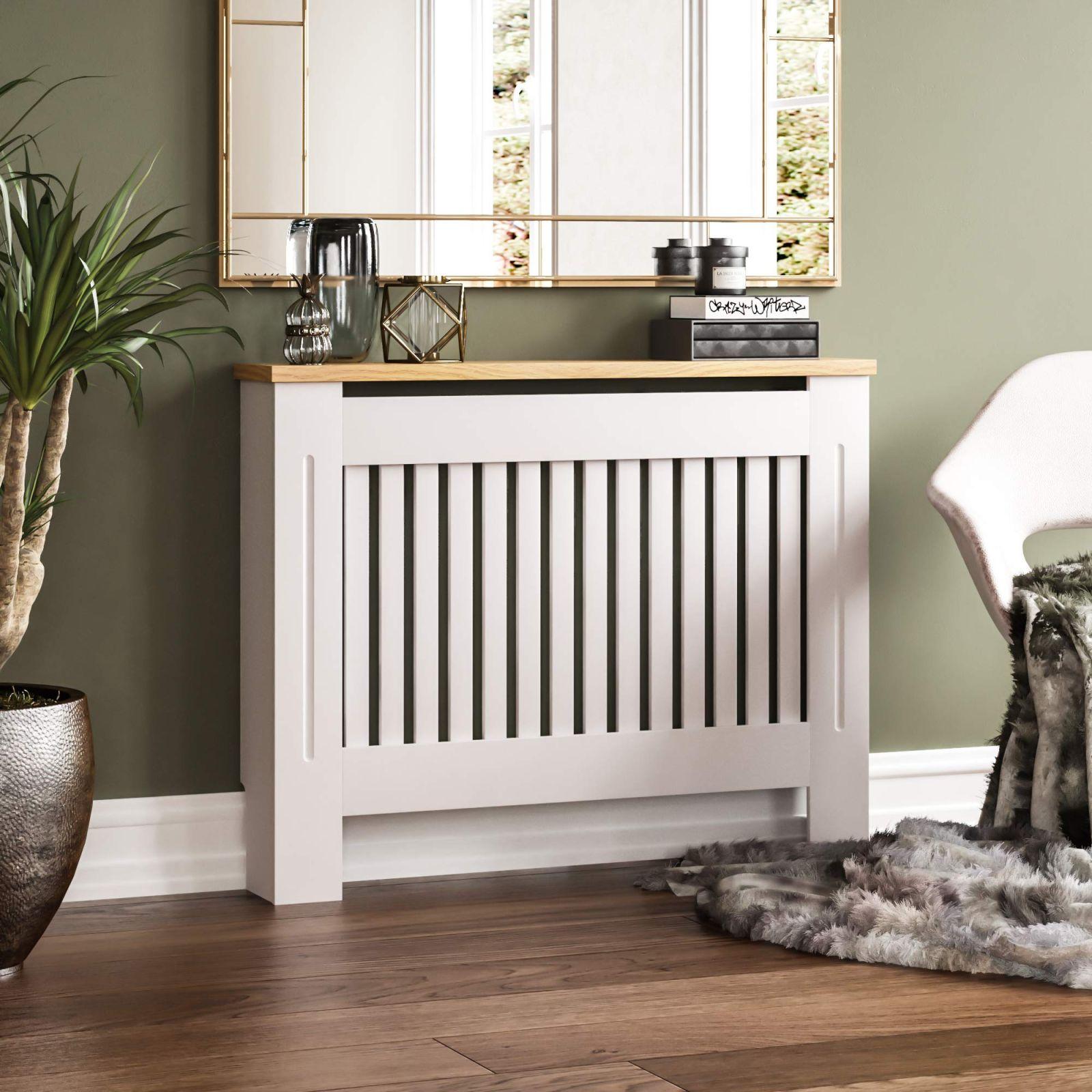 Vida Designs Arlington Radiaatorikate, valge, kaasaegne MDF-kapp, liistud, grill, puidust riiul, keskmine (K: 83,3 / L: 111 / S: 19 cm) – detailne vaade
