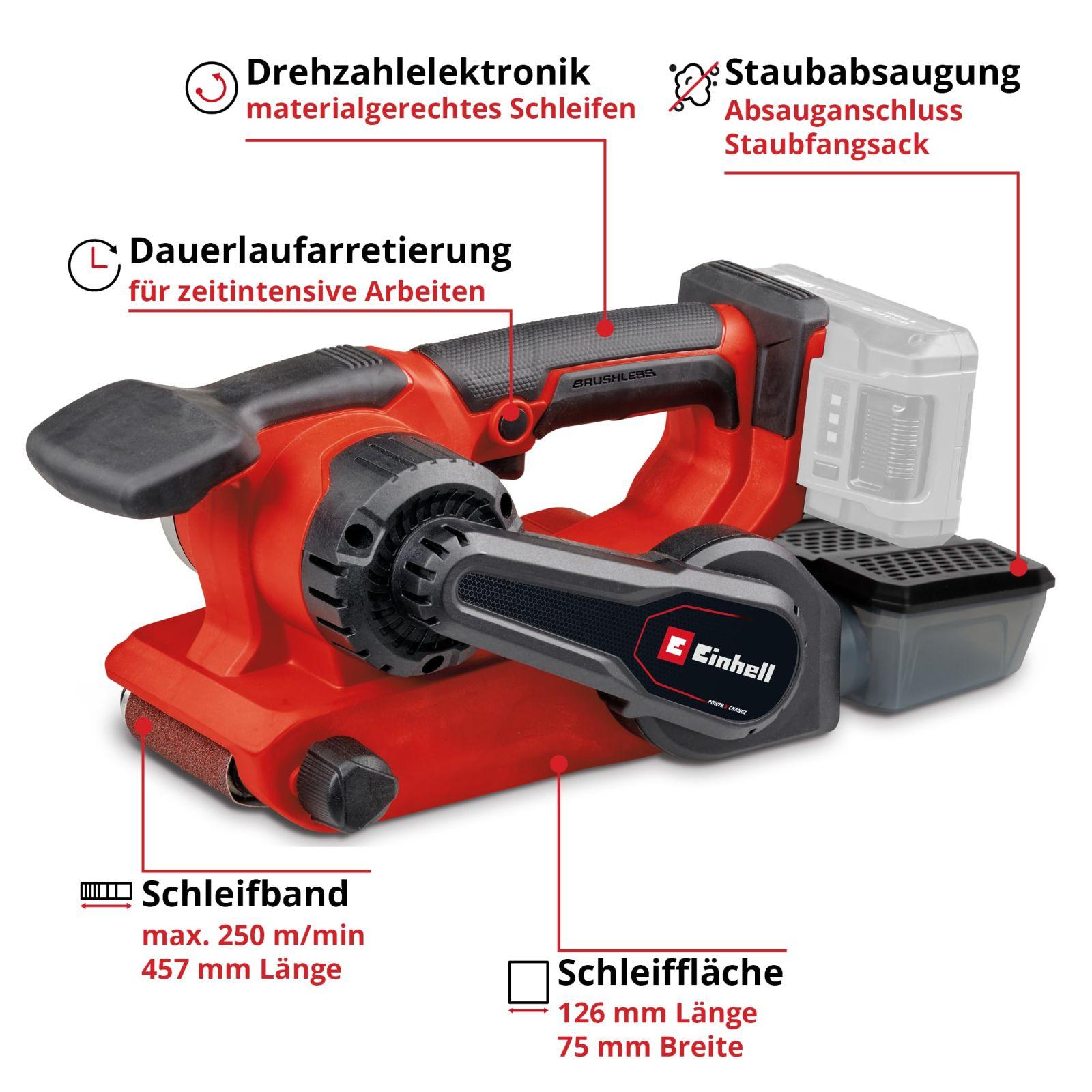 Einhell Professional aku-lintlihvija TP-BS 18/457 Li BL-Solo Power X-Change (18 V, Li-Ion, harjadeta mootor, 3x P80 lihvlint 457×75 mm, ilma aku ja laadijata), punane – pakend ja tarvikud