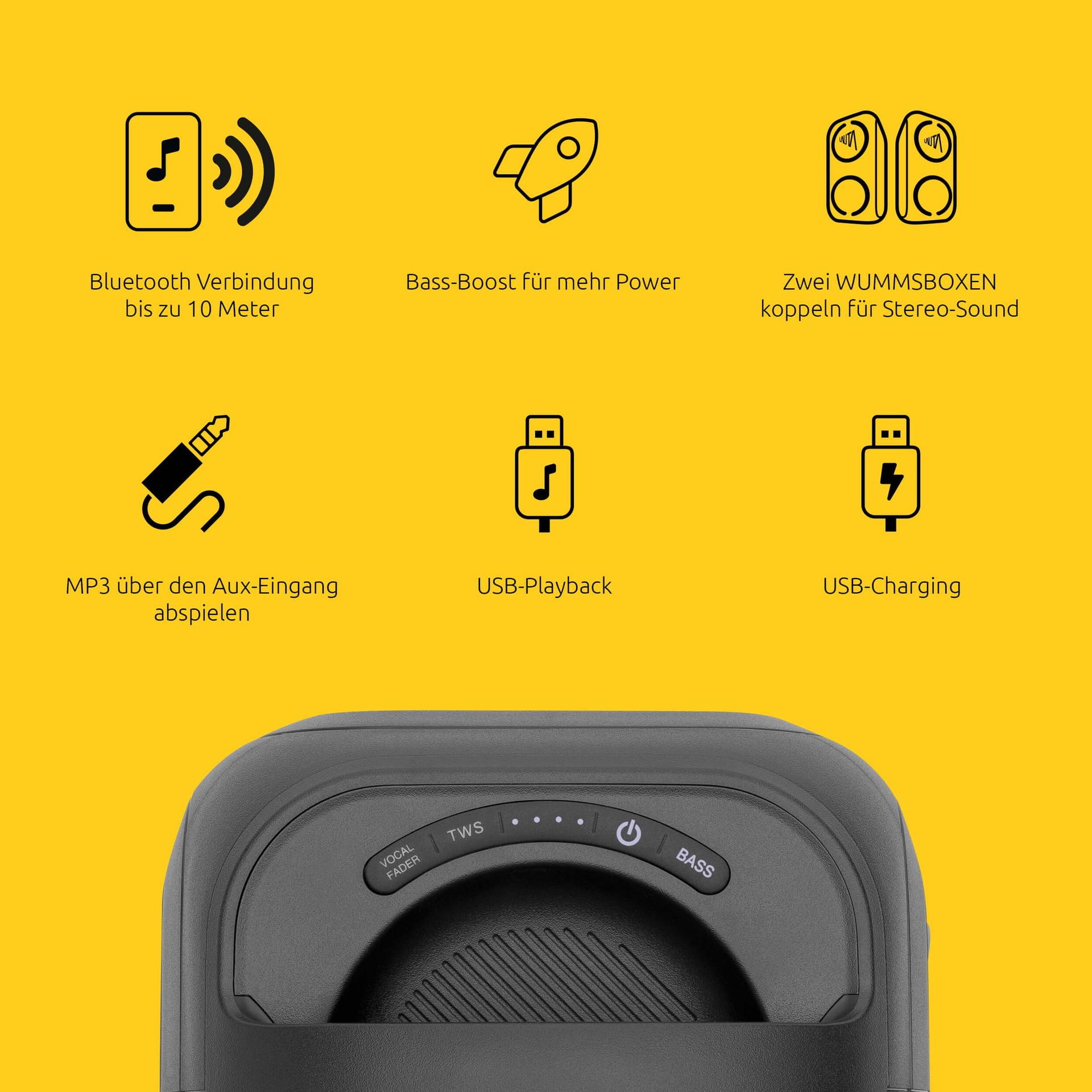 TechniSat LAUTA WUMMSBOX – Kaasaskantav Premium Bluetooth Kõlar LED-valgusefektidega (Bass Boost, True Wireless Stereo, 12-tunnine aku, IPX4 pritsmekindlus, 80W RMS võimsus) – lisavaade