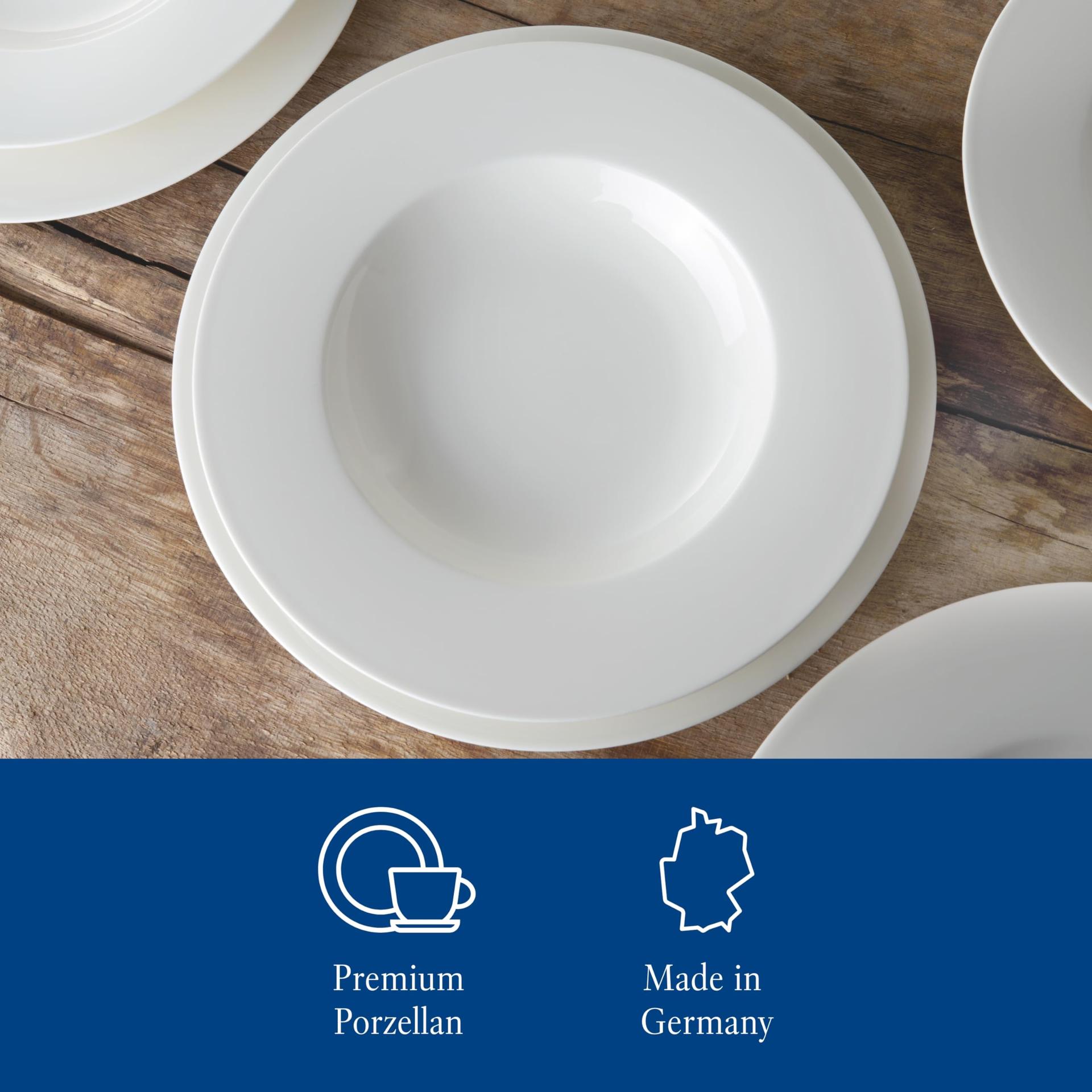 vivo by Villeroy & Boch Basic White nõudekomplekt, 12-osaline valge lauanõud, taldrikute komplekt, valge portselan, nõudekomplekt 6 inimesele, söögitaldrikud, supitaldrikud, nõudepesumasinakindel, premium portselan – detailne vaade