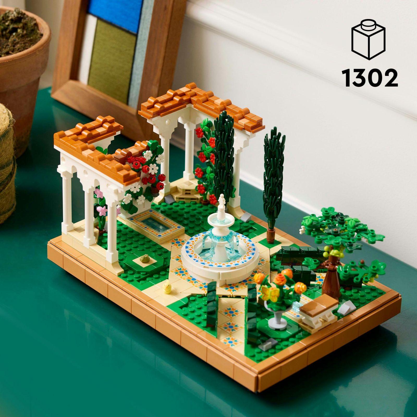 LEGO Icons Purskkaevuaed – Miniatuurne ehituskomplekt täiskasvanutele, lehtlate, küpresside, puude, viinapuude ja lilledega – Loominguline kingiidee sünnipäevaks, soolaleivaks naistele ja meestele – 10359 – pakend ja tarvikud