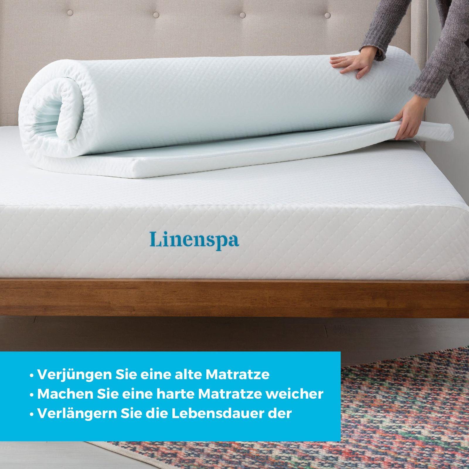 Linenspa madratsitopper 140 x 200 cm, 5 cm kõrge – geelmäluvahuga madratsikate ja pestava lukuga kattega – Öko-Tex – kasutusnäide