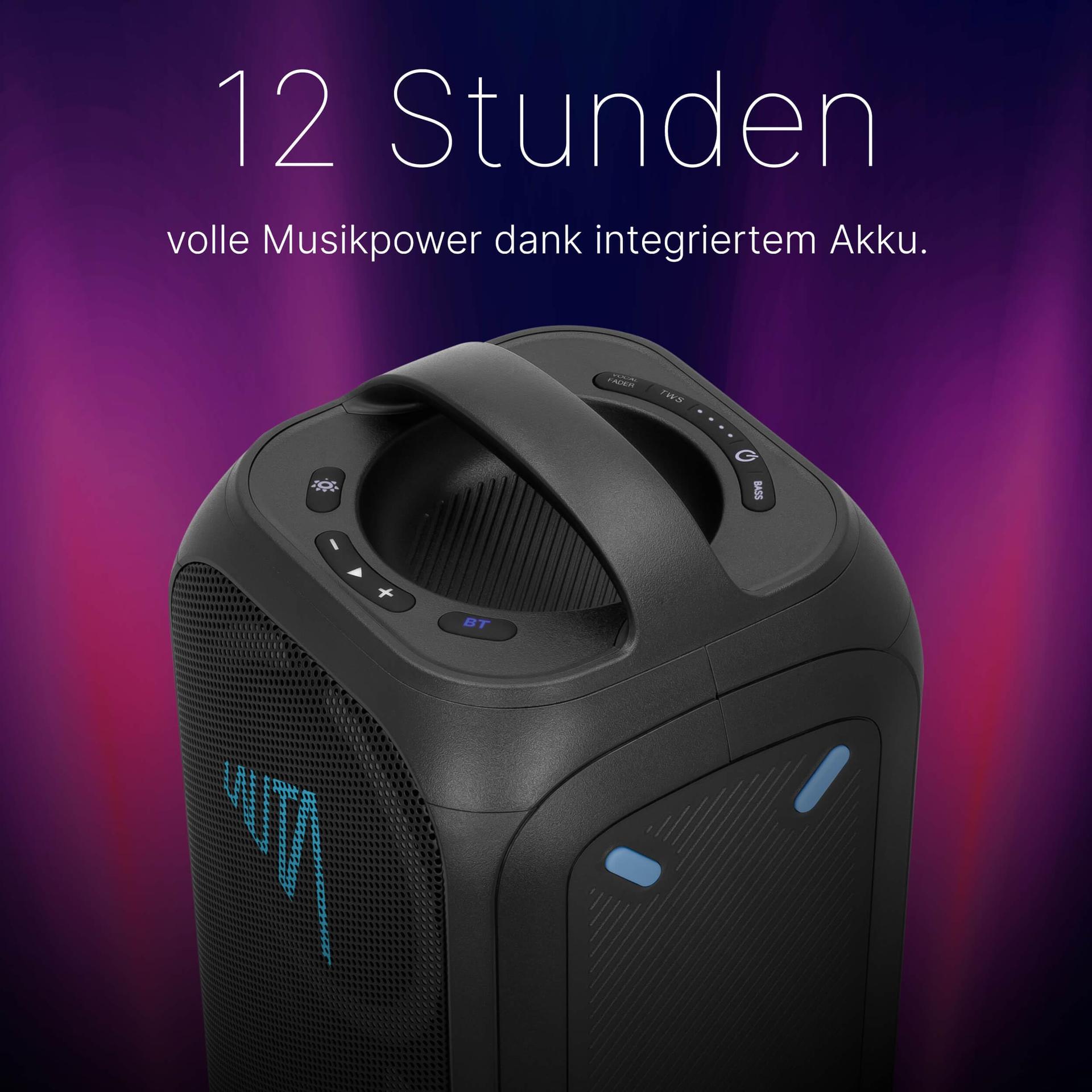 TechniSat LAUTA WUMMSBOX – Kaasaskantav Premium Bluetooth Kõlar LED-valgusefektidega (Bass Boost, True Wireless Stereo, 12-tunnine aku, IPX4 pritsmekindlus, 80W RMS võimsus) – pakend ja tarvikud