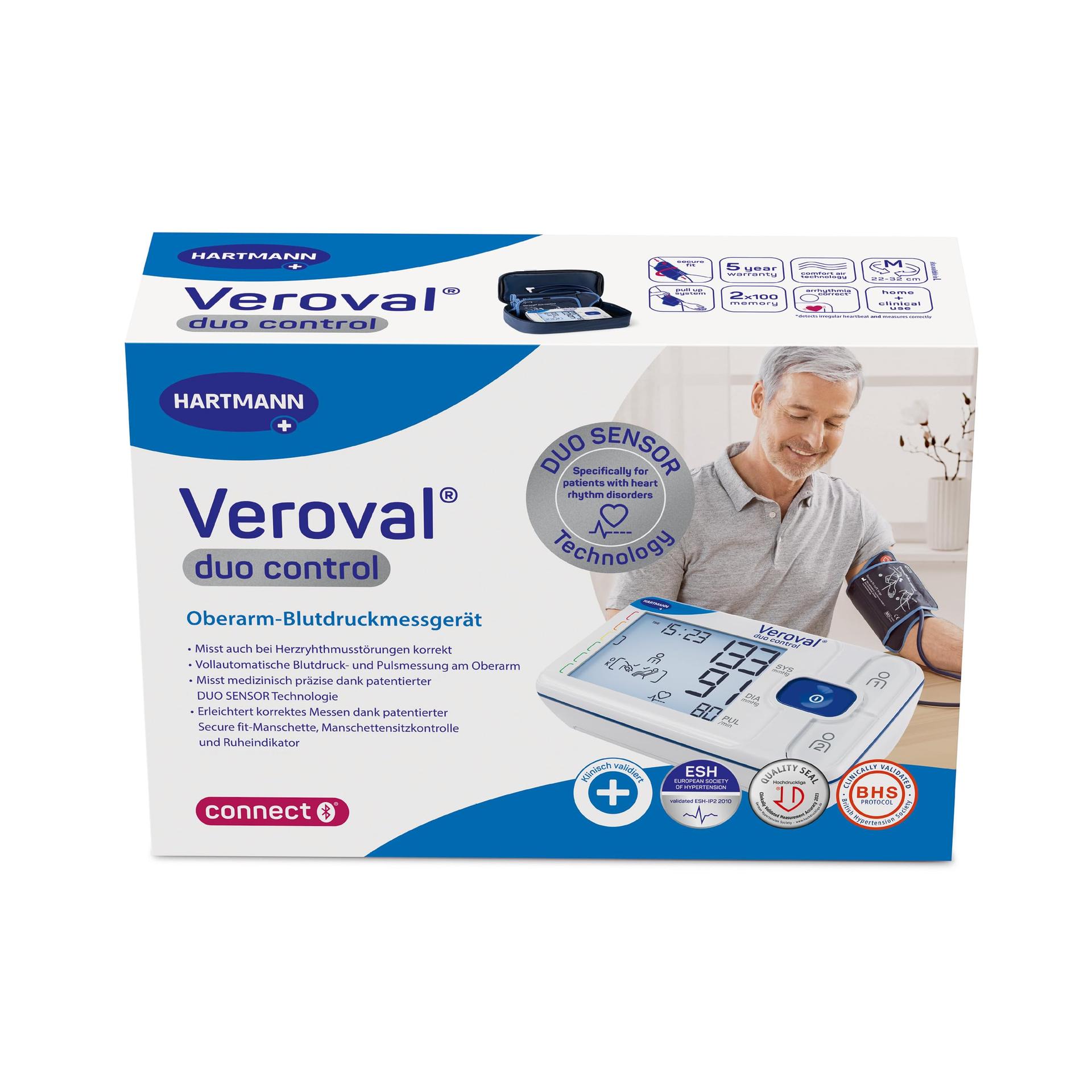 Veroval duo control keskmise suurusega õlavarre vererõhuaparaat, südamerütmihäiretega patsientidele, manseti asetuse kontroll, rahuindikaator, tarkvaraga – pakend ja tarvikud