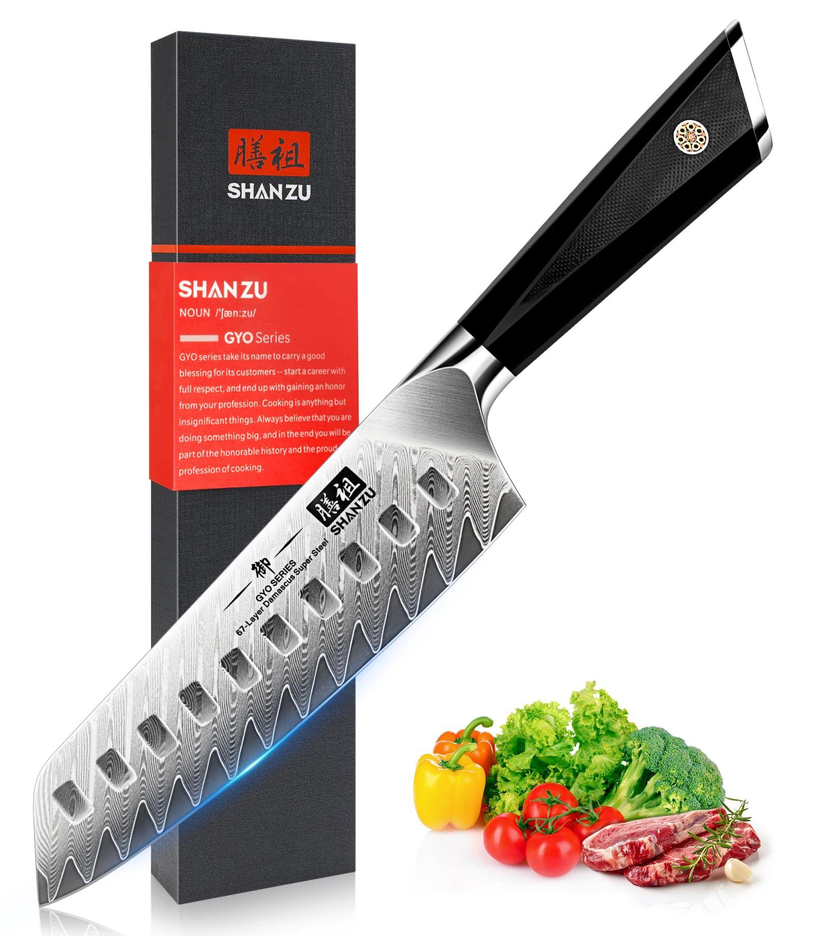 SHAN ZU Damaskuse Santokunuga – 18 cm Jaapani Kööginuga, AUS-10 Roostevabast Terasest Terav Tera, Ergonoomiline G10 Käepide, Eksklusiivne Kingipakend – GYO Seeria