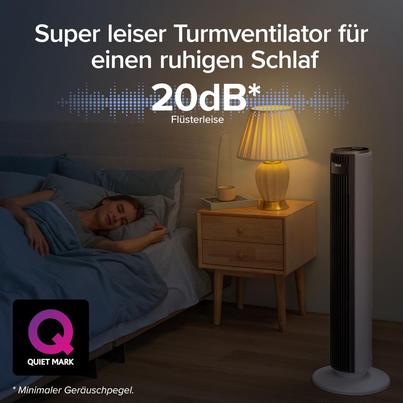 Levoit 20 dB toruventilaator – ülivai, 7,9 m/s ventilaator DC-mootoriga, 90° osilleeriv tornventilaator kaugjuhtimisega magamistuppa, 26W, 4 režiimi, 12 kiirust, 12H taimer, LED-ekraan, valge – kasutusnäide