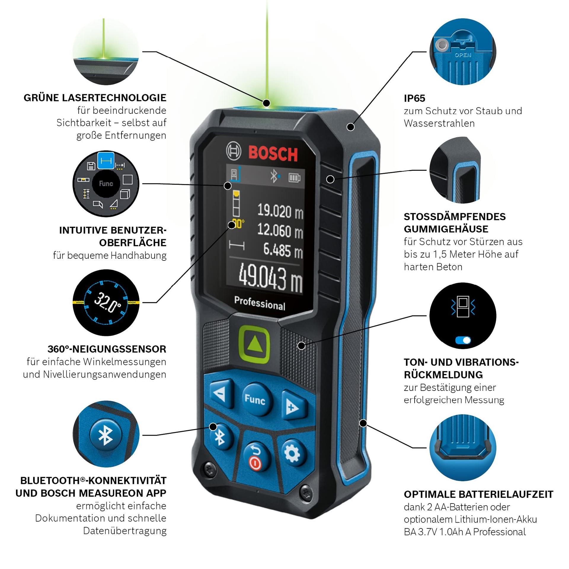 Bosch Professional laser-kaugusmõõtja GLM 50-27 CG (roheline laser, ulatus: kuni 50 m, 3,7 V liitiumioonaku, USB-kaabel, vastupidav, IP65, Bluetooth-andmeedastus, rihm, kott) – pakend ja tarvikud