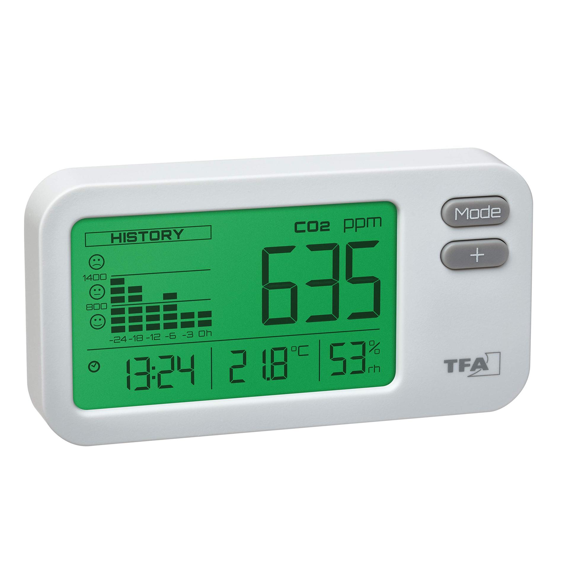 TFA Dostmann CO2-monitor AIRCO2NTROL Coach, 31.5009, 24-tunnise graafikuga, kellaaja, temperatuuri ja õhuniiskuse näidik, Micro-USB kaabel, CO2 kontsentratsioon, Dual Beam sensor, valge – detailne vaade