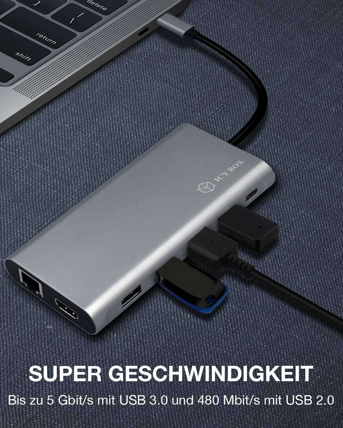 ICY BOX USB-C dokkimisjaam (12-ühes) 3 monitori jaoks (2x HDMI & 1x DP), 4K 60HZ, 3x USB 3.0 HUB, 100W toiteedastus, gigabit Ethernet, kaardilugeja, hall – kasutusnäide