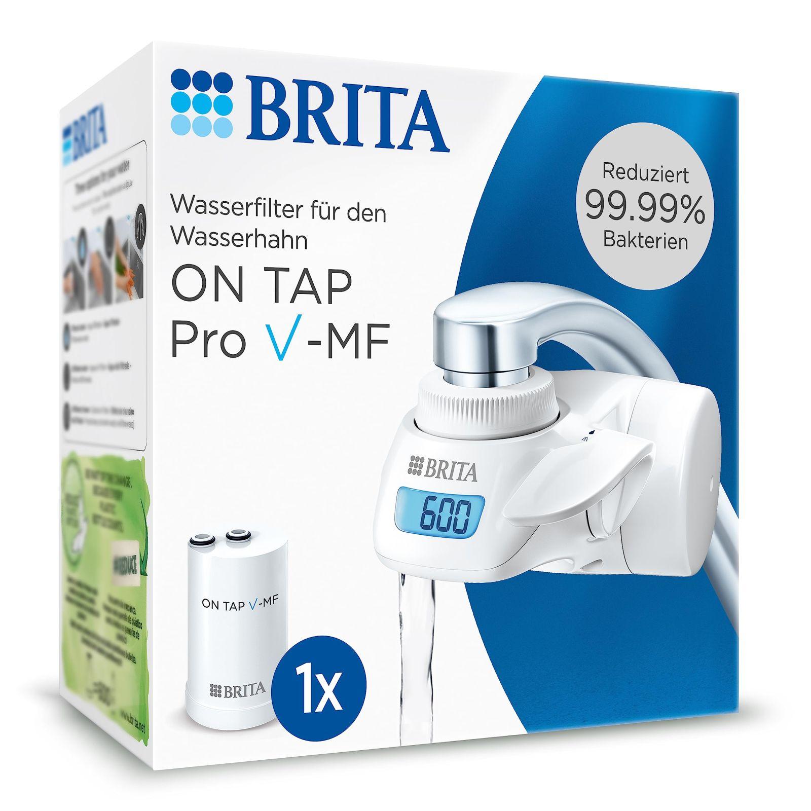 BRITA kraaniveefilter ON TAP Pro V-MF koos 1 filtrikassetiga (600l) – eemaldab 99,99% baktereid, kloori, mikroplasti ja raskmetalle / digitaalne LCD-ekraan näitab järelejäänud mahtu