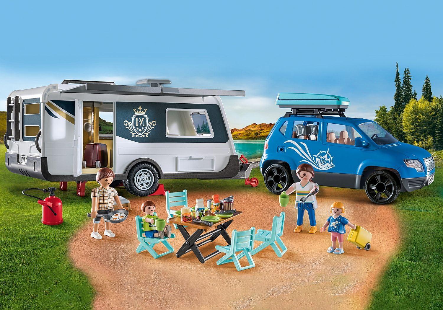 PLAYMOBIL Family Fun 71423 Haagissuvila ja Auto – mitmekülgne telkimislõbu looduses, suure varustusega perepuhkus, mänguasi lastele alates 4. eluaastast – pakend ja tarvikud