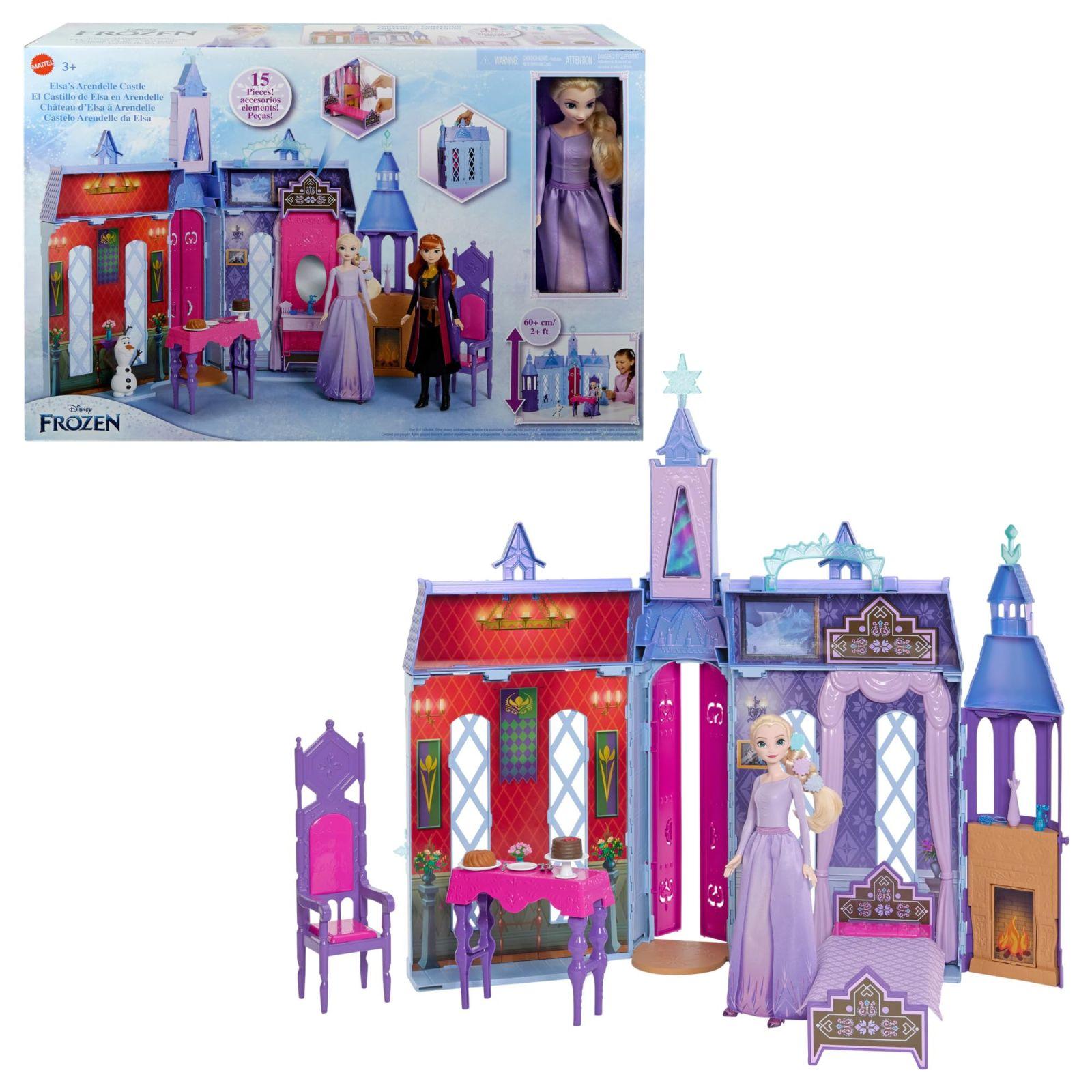 Mattel Disney Lumekuninganna – Arendelle’i lossi nukumaja (60 cm+) koos Elsa-nuku, 4 mängualaga ja 15 mööbli- ja tarvikuelemendiga Disney Lumekuninganna II filmist, HLW61