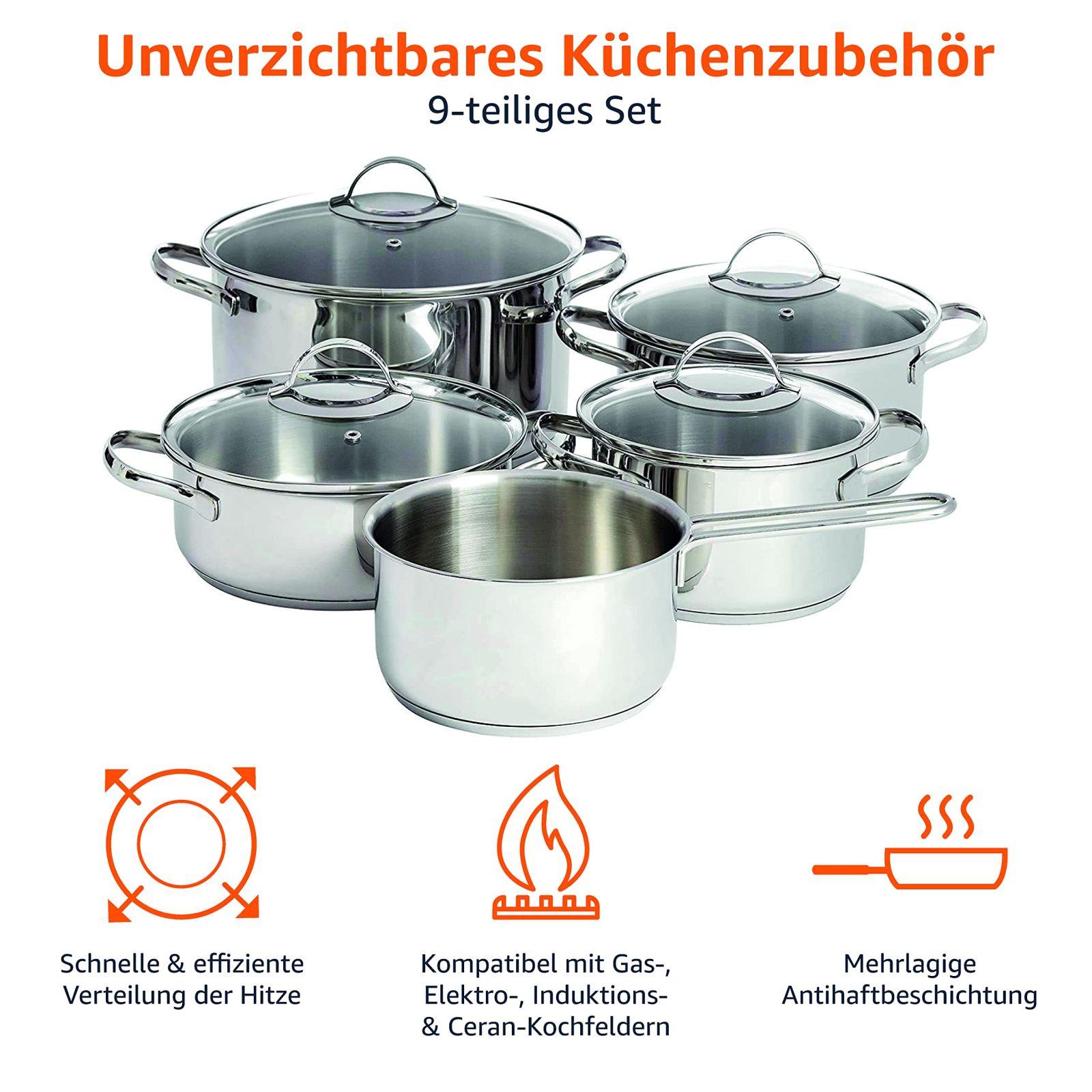 Amazon Basics 9-osaline roostevabast terasest potikomplekt, induktsioonisobiv, kaantega, hõbedane – pakend ja tarvikud