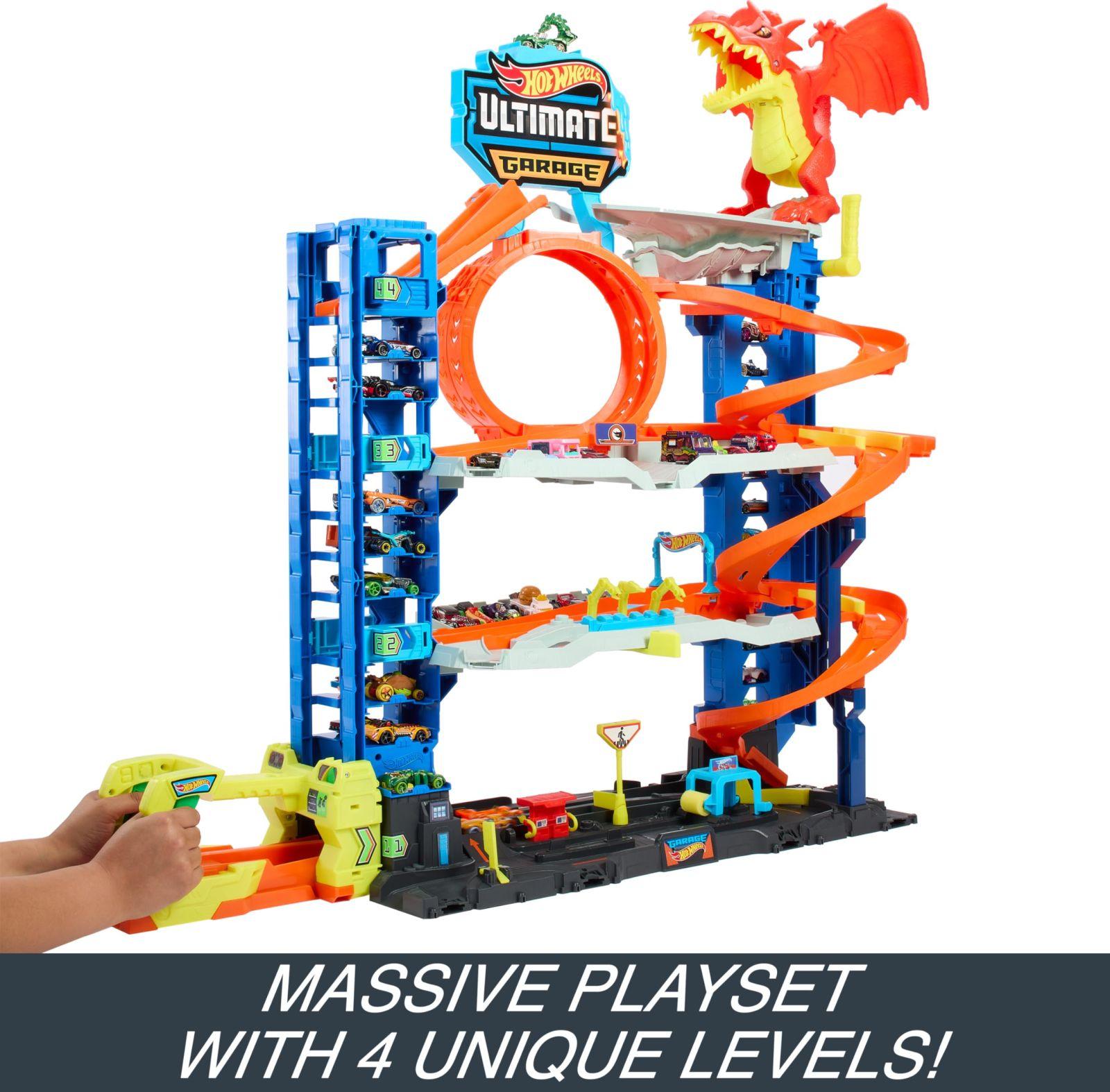 Hot Wheels Let’s Race Netflix – Ülim Garaaž – Mitmetasandiline parkla, 91 cm kõrge, 2 Die-Cast autot, alates 5. eluaastast, võidusõidulust, triki-seiklused, draakonivõitlus, autopesula, lift, HKX48 – pakend ja tarvikud