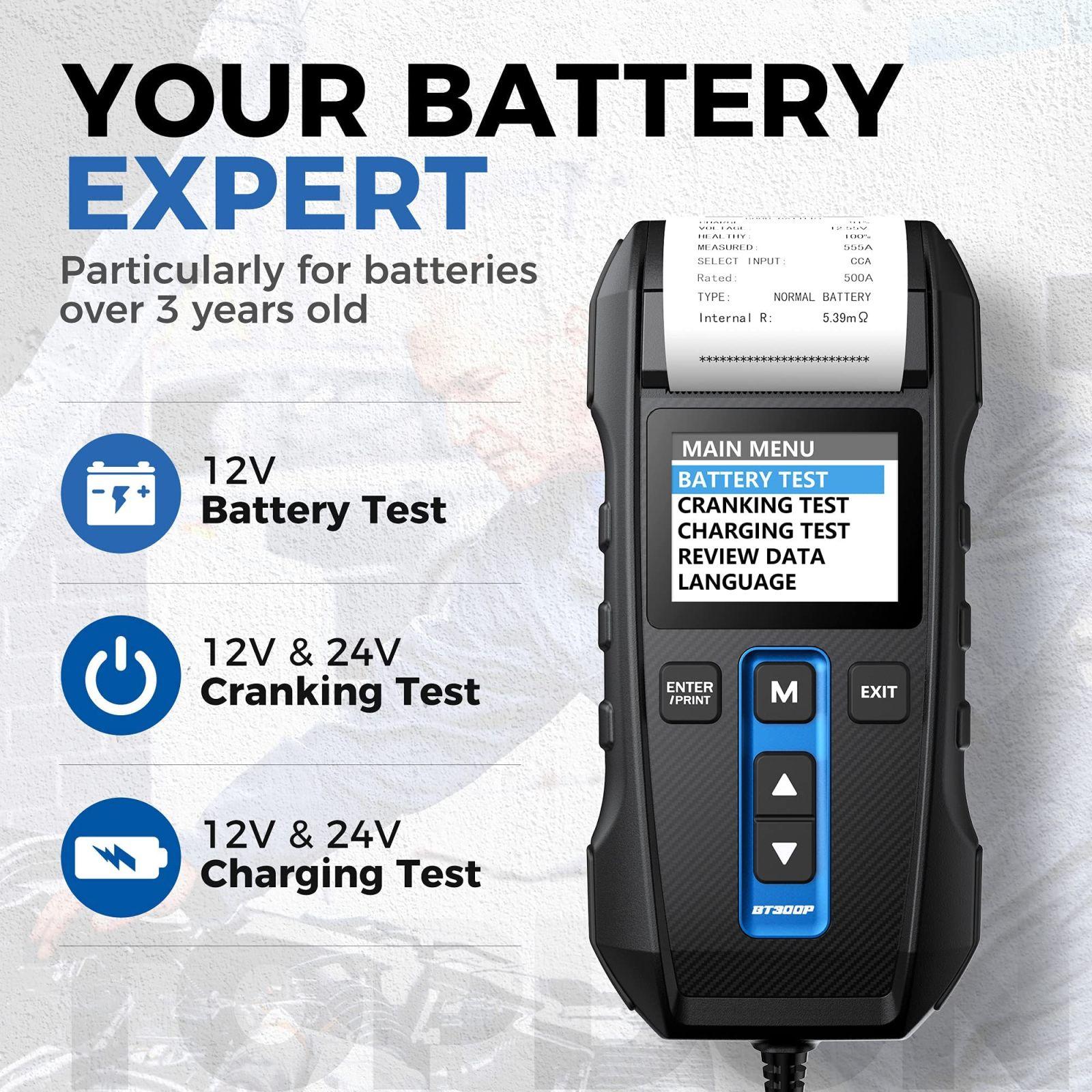 Autobatteriide tester 12V 24V TOPDON BT300P, 100-2000CCA akude tester koos printeriga, laadimis- ja käivitusanalüsaator, sobib nii kodukasutajatele kui ka professionaalidele, ideaalne autodele, mootorratastele, maasturitele, veoautodele ja paatidele – detailne vaade