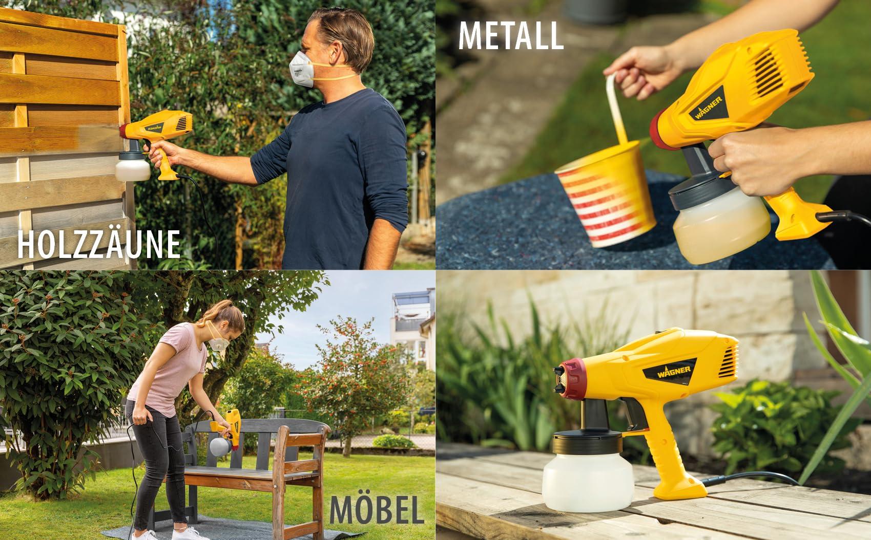 WAGNER värvipihustussüsteem Wood&Metal Sprayer W125 lakide ja peitside jaoks sise- ja välistingimustes, kollane, must, punane, 5 m – 10 min, 600 ml mahuti, 350 W – kasutusnäide