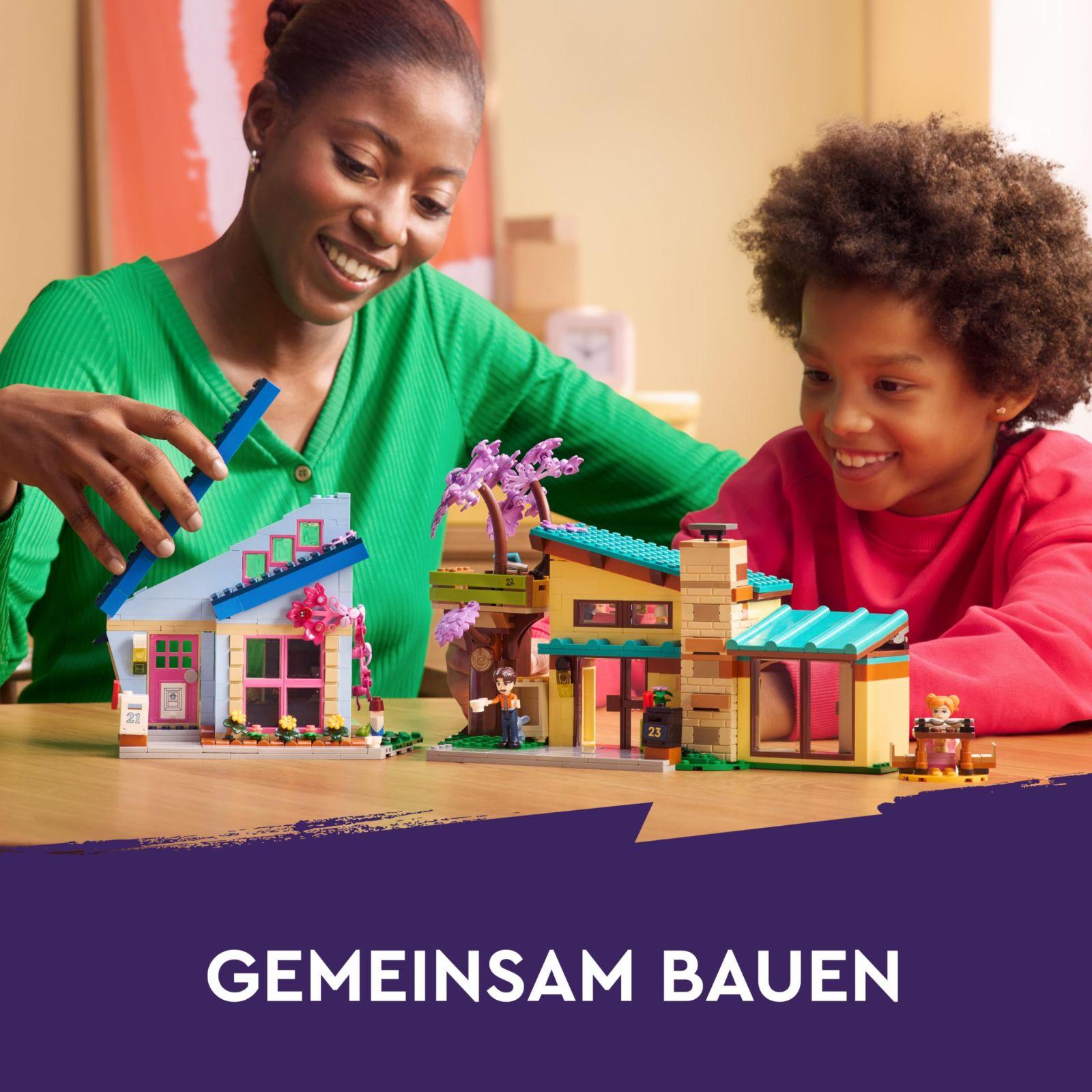 LEGO Friends Olly ja Paisley Pere Maja – Nukumaja koos figuuride ja tarvikutega, kahekorruseline mängumaja ja puumaja, loominguline kink lastele alates 7. eluaastast (42620) – pakend ja tarvikud