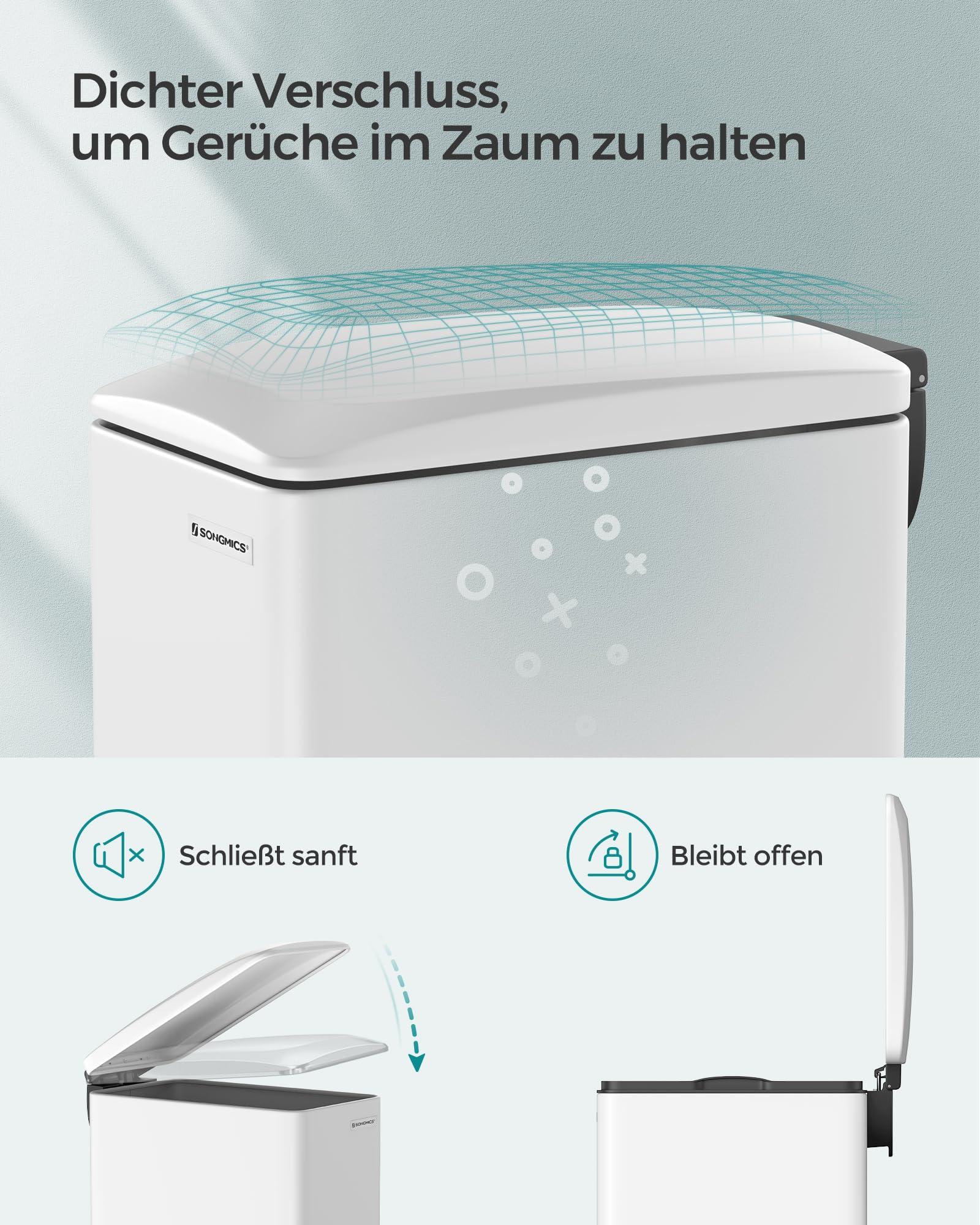 SONGMICS prügikast kööki, 48 liitrit, kitsas pedaaliga prügikast pehme sulgumise ja sisekonteineriga, teras, 15 prügikotti kaasas, valge LTB510W4802 – pakend ja tarvikud