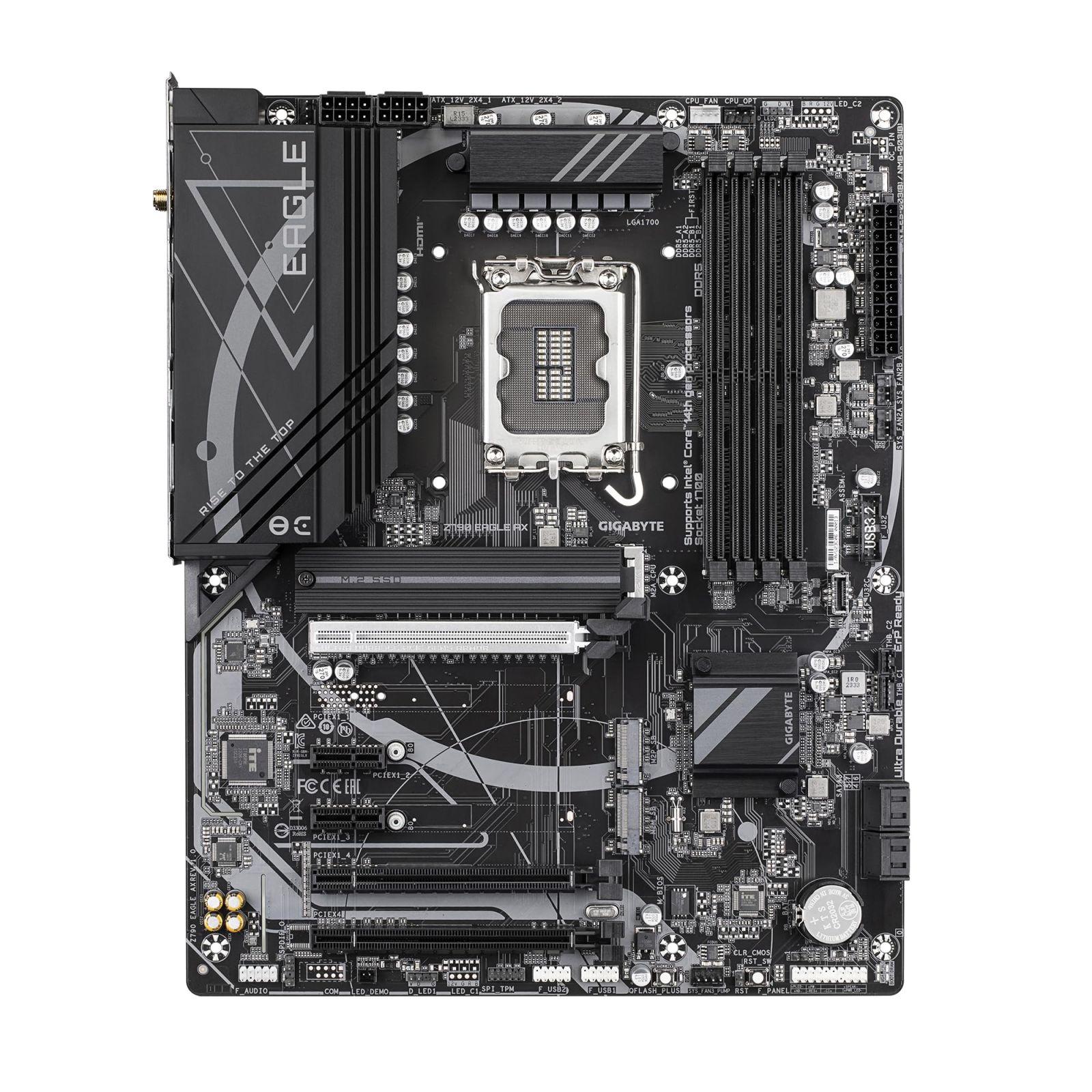 Z790 Eagle AX Emaplaat – Toetab Intel Core 14. põlvkonna protsessoreid, 12+1+1-faasiline digitaalne VRM, kuni 7600MHz DDR5 (OC), 3x PCIe 4.0 M.2, Wi-Fi 6E, 2.5GbE LAN, USB 3.2 Gen 2 – detailne vaade