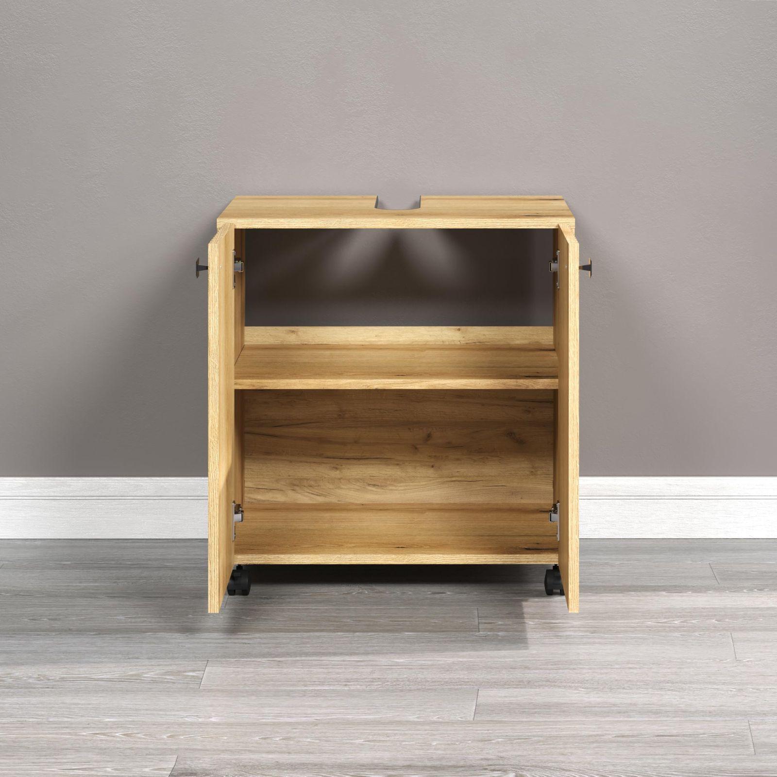 trendteam smart living – Valamualune kapp ratastel – Vannituba – PureBliss – Mõõdud (LxKxS) 60 x 64 x 42 cm – Värvus Evoke tamm mustade soontega – 233730342 – pakend ja tarvikud